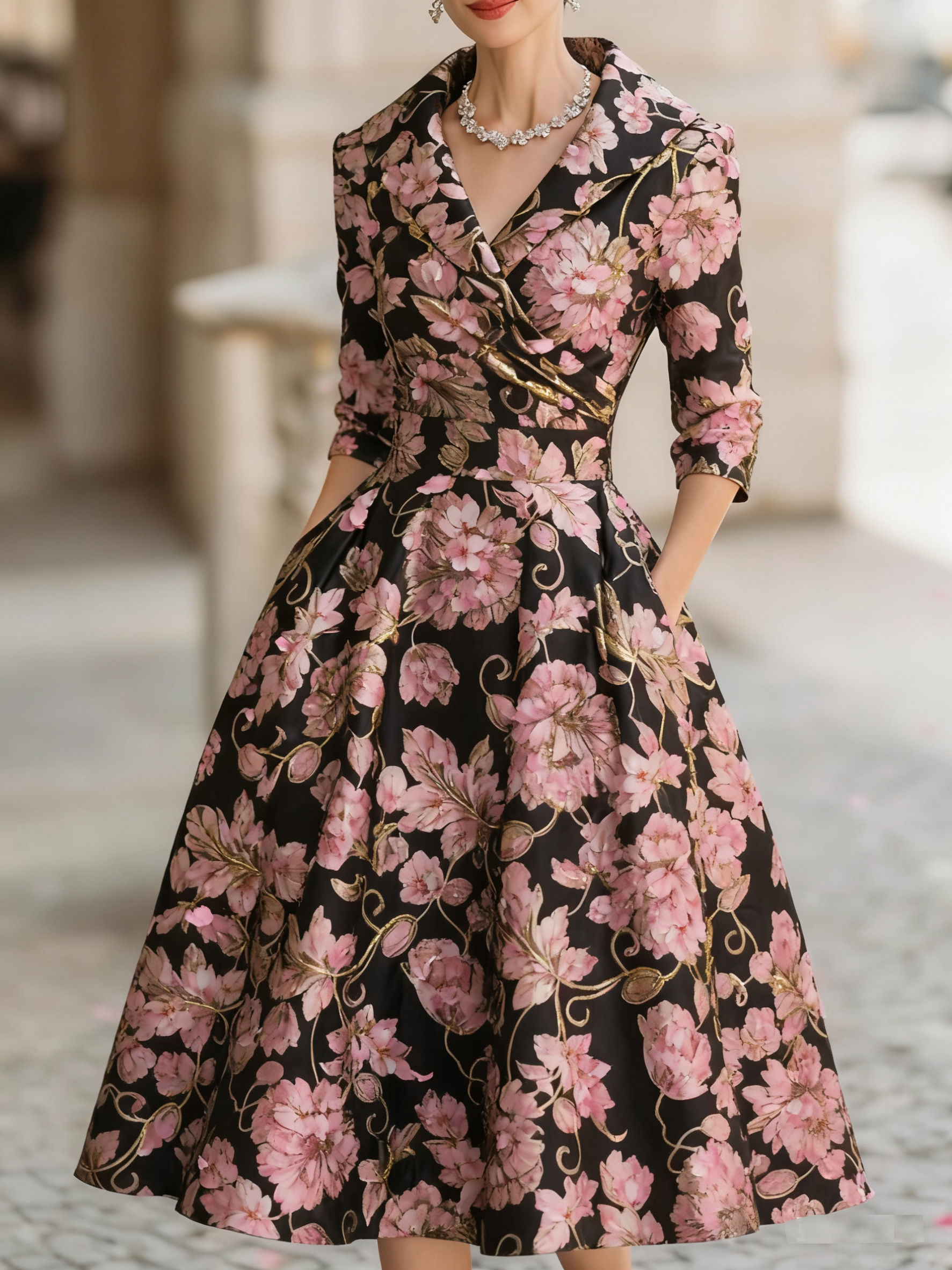 Vintage floral jacquard mid-length dress