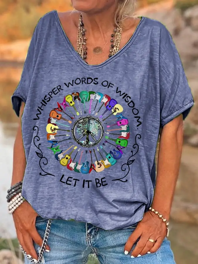 Women's Hippie Whisper Words Of Wisdom Let It Be Guitar Peace Casual V-Neck Tee