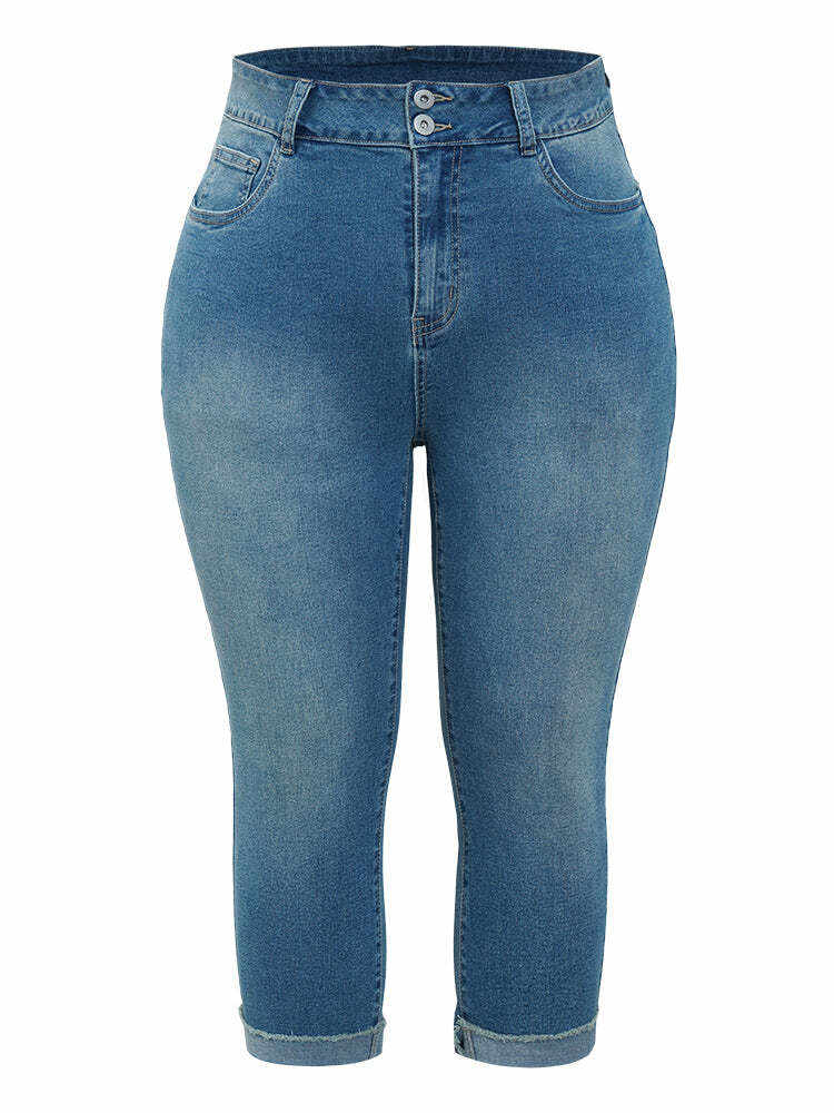 Very Stretchy High Rise Medium Wash Roll Hem Cropped Jeans