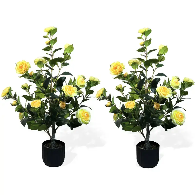 2 Pcs 3-foot Camellia Tree with Decorative Pebbles, Flower Pot, 24 Realistic Flowers, 188 Leaves for Indoor, outdoor courtyard Home Decor