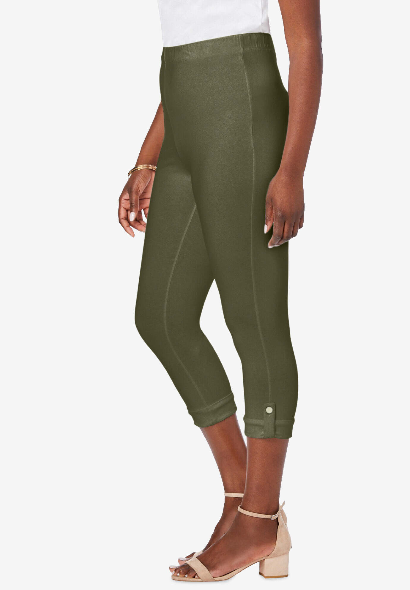 Stretch Cotton Cuff-Button Capri Legging