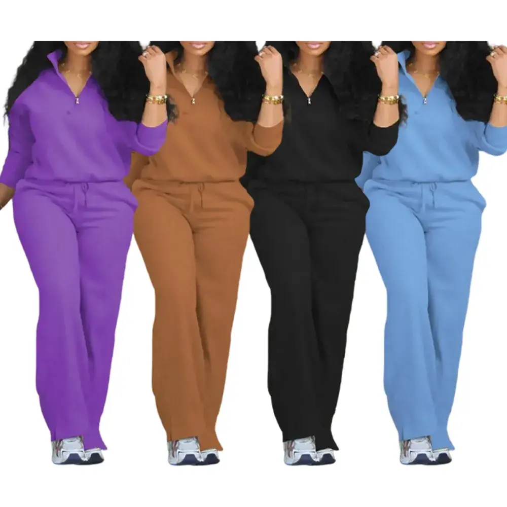 Women's Solid Half Placket Split Hem Pants Set