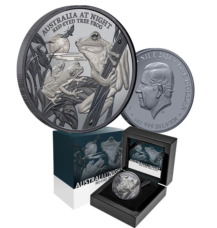 Australia at Night 2024 $1 Red-eyed Tree Frog 1oz Silver Black Proof Coin