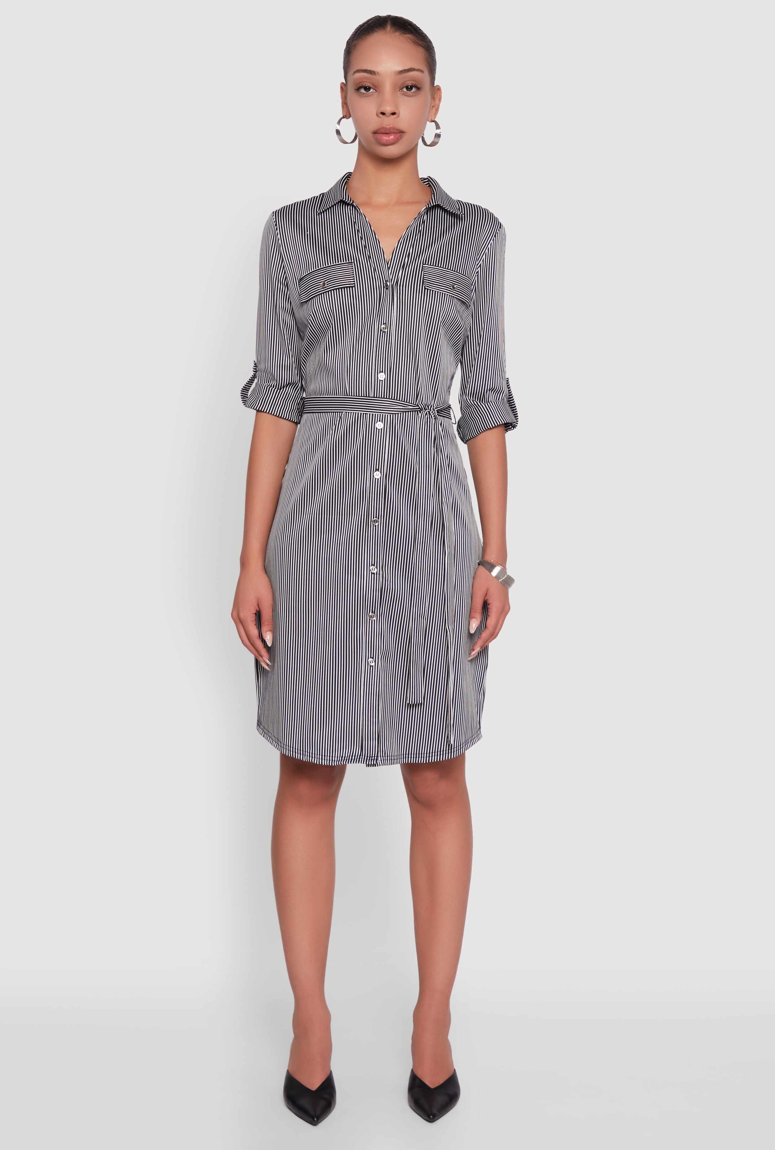 Striped Button Front Shirt Dress with Tie Waist Belt