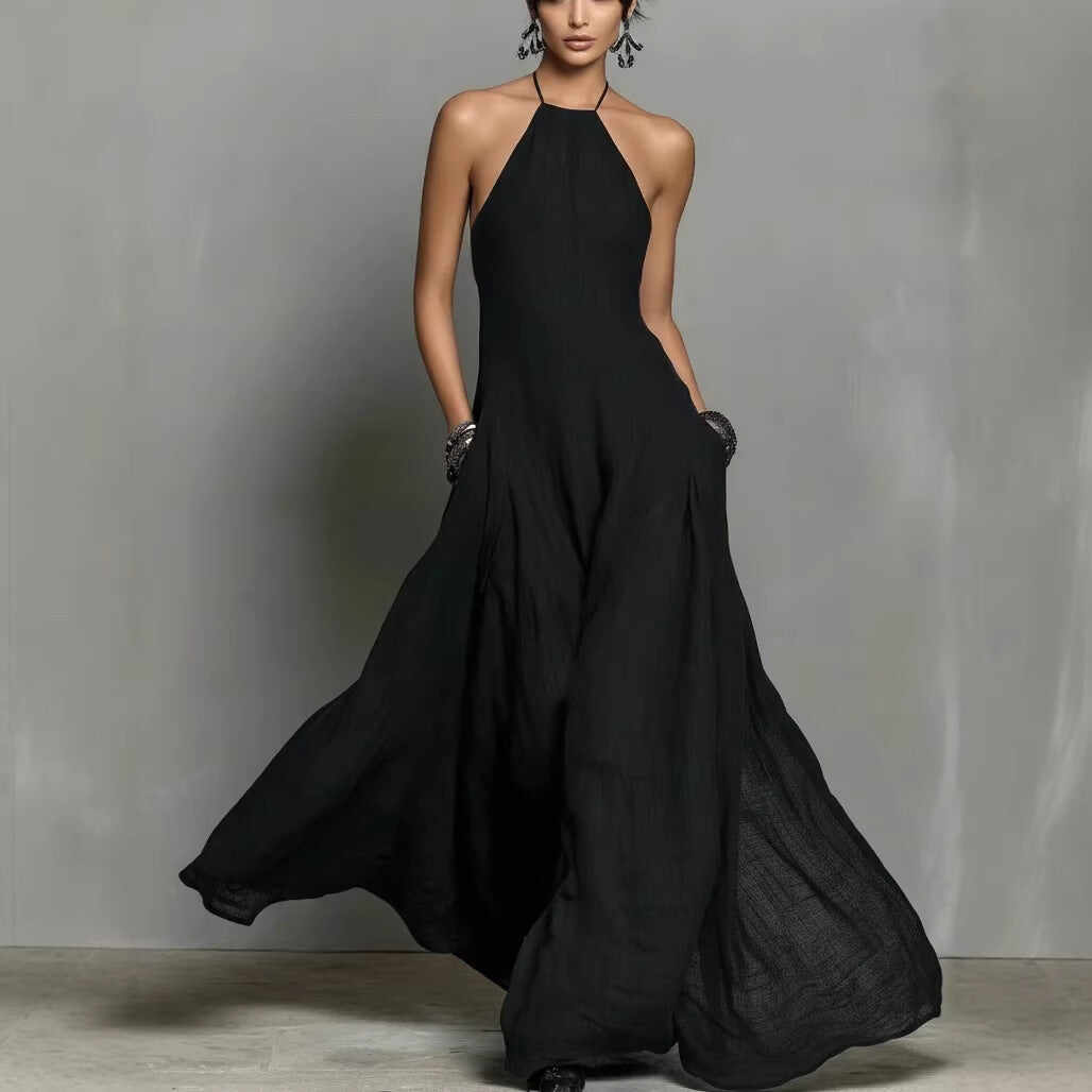 Cotton And Linen Blend Simple Backless Sleeveless Long Dress