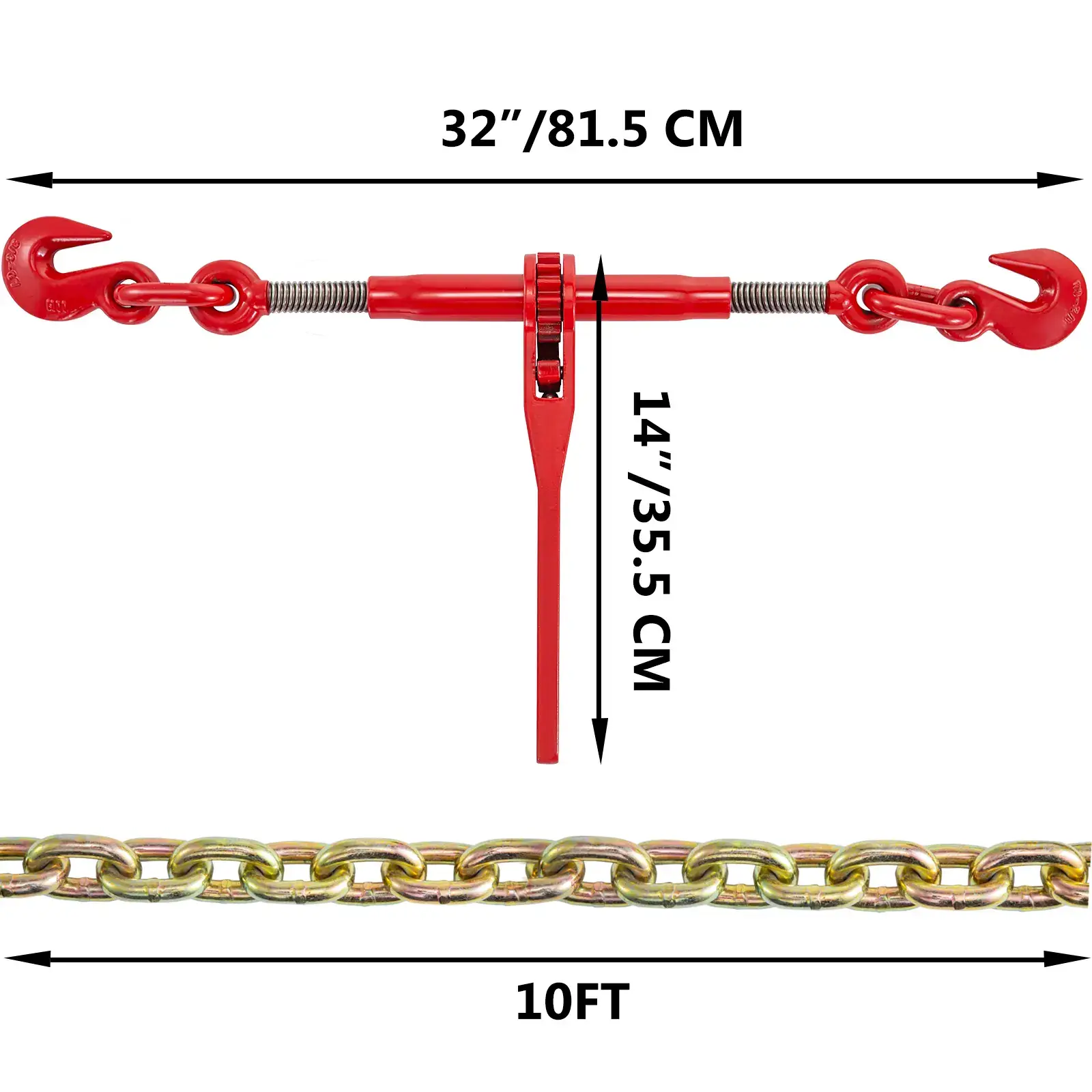Chain and Binder Kit 3/8in-1/2in, Ratchet Load Binders 9215lbs Working Strength, Ratchet Binders and Chains, 3/8in x 10ft Chains with G70 Hooks, for Truck, Tie Down, Hauling, Towing