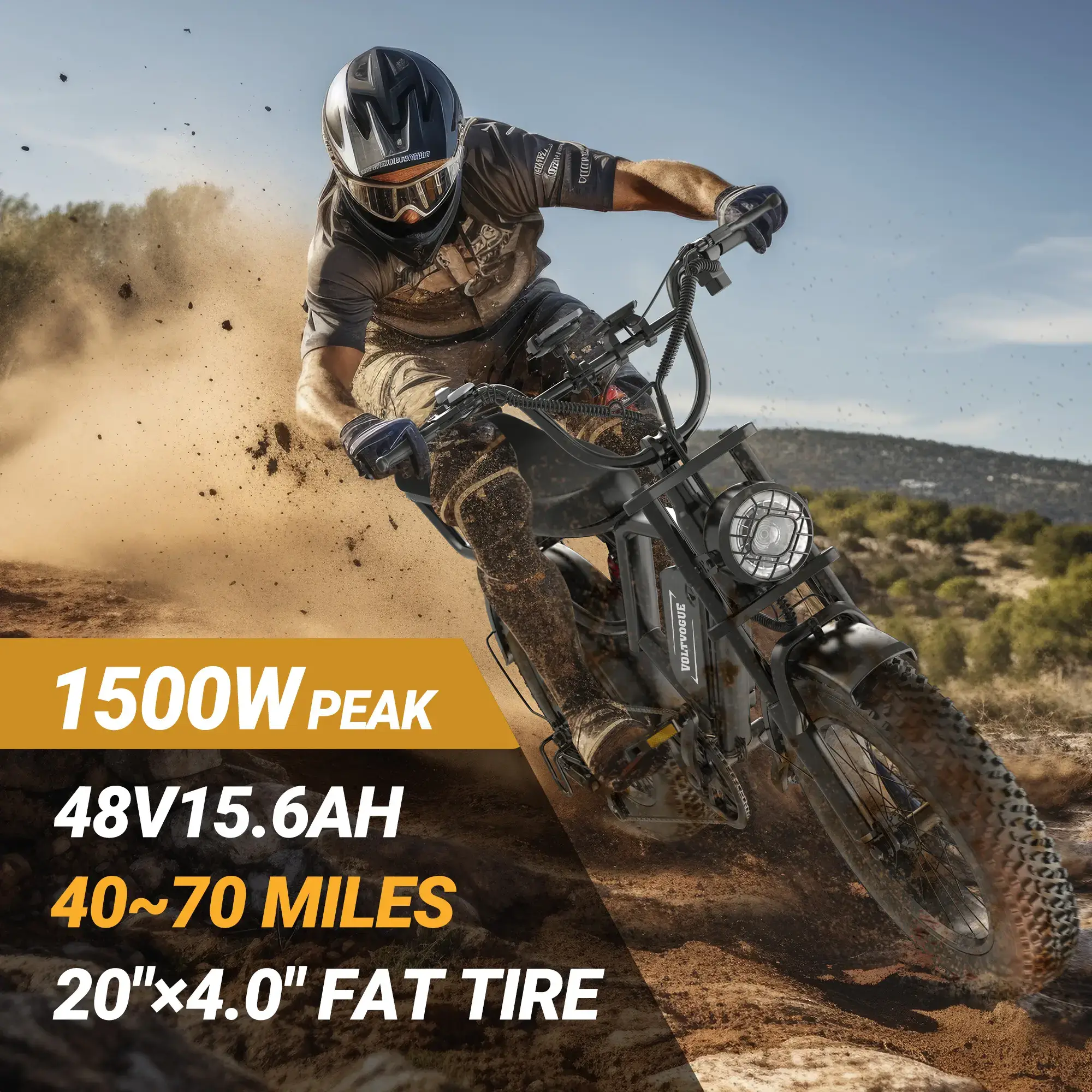 Peak 1500W Electric Off-Road Bike 20-Inch Full Suspension E-Motorcycle, 48V 20Ah Removable Battery, 31MPH Top Speed, 40-55 Mile Range, 2-Seater, LED Headlights, 20-Inch All-Terrain Fat Tires, UL 2849 Certified
