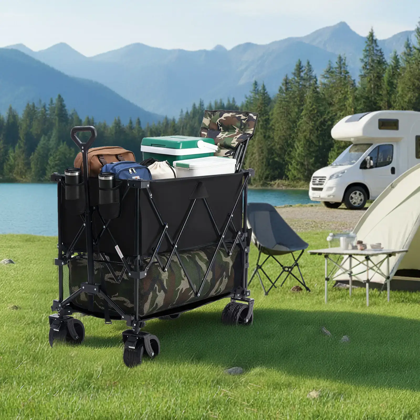 320L Outdoor Folding Double-Decker Wagon with Brakes, 440 lbs Capacity, Flexible Handle, All-Terrain Big Wheels, Compact Pack & Foldable Size for Grocery, Camping