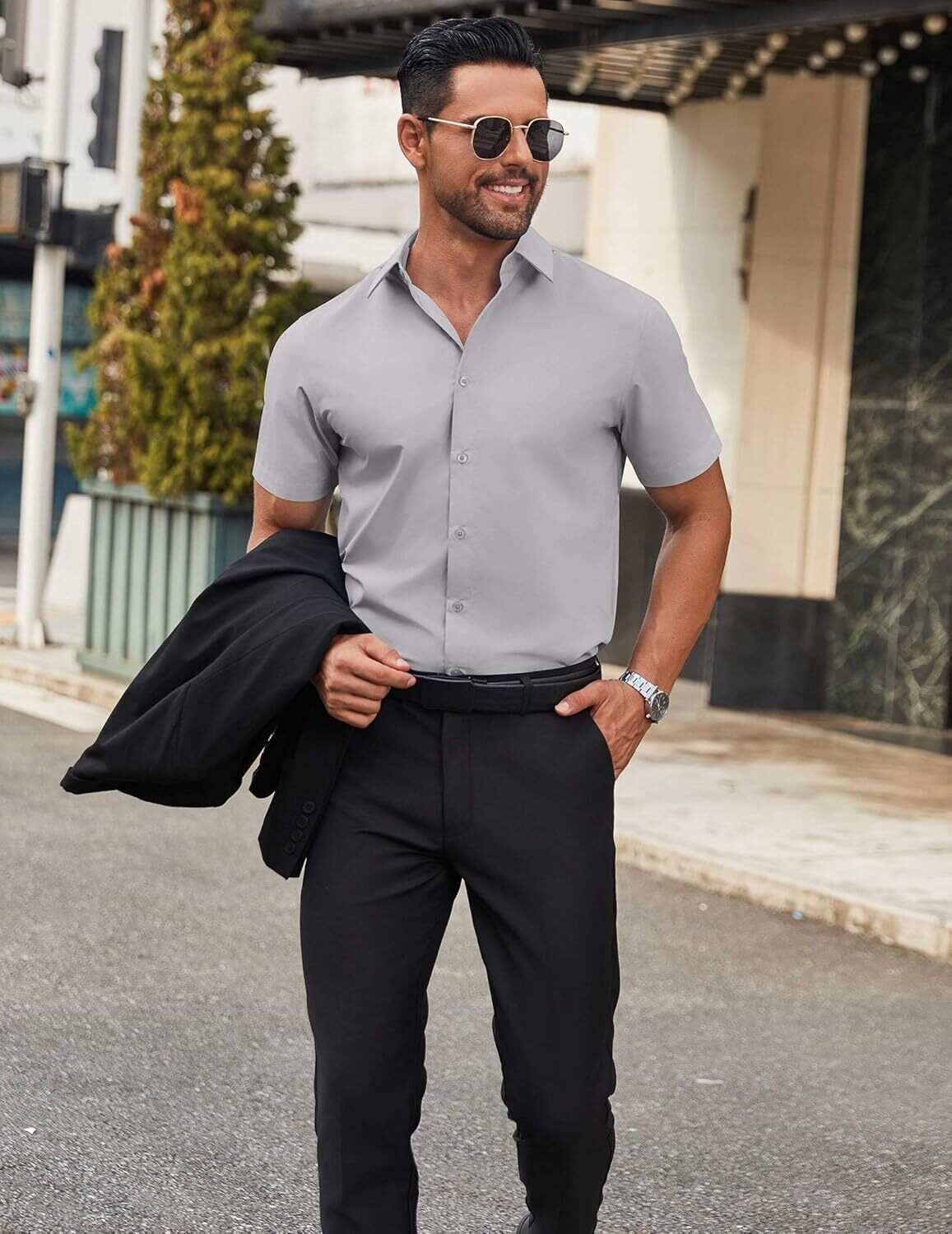 Mens Short Sleeve Dress Shirts Wrinkle Free Casual Button Down Shirts Summer Untucked Dress Shirt