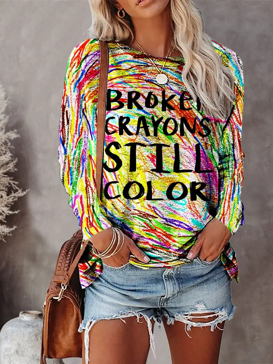 Mental Health Awareness Broken Crayons Still Color Encourage Print Casual Crew Neck Long Sleeve T-Shirt