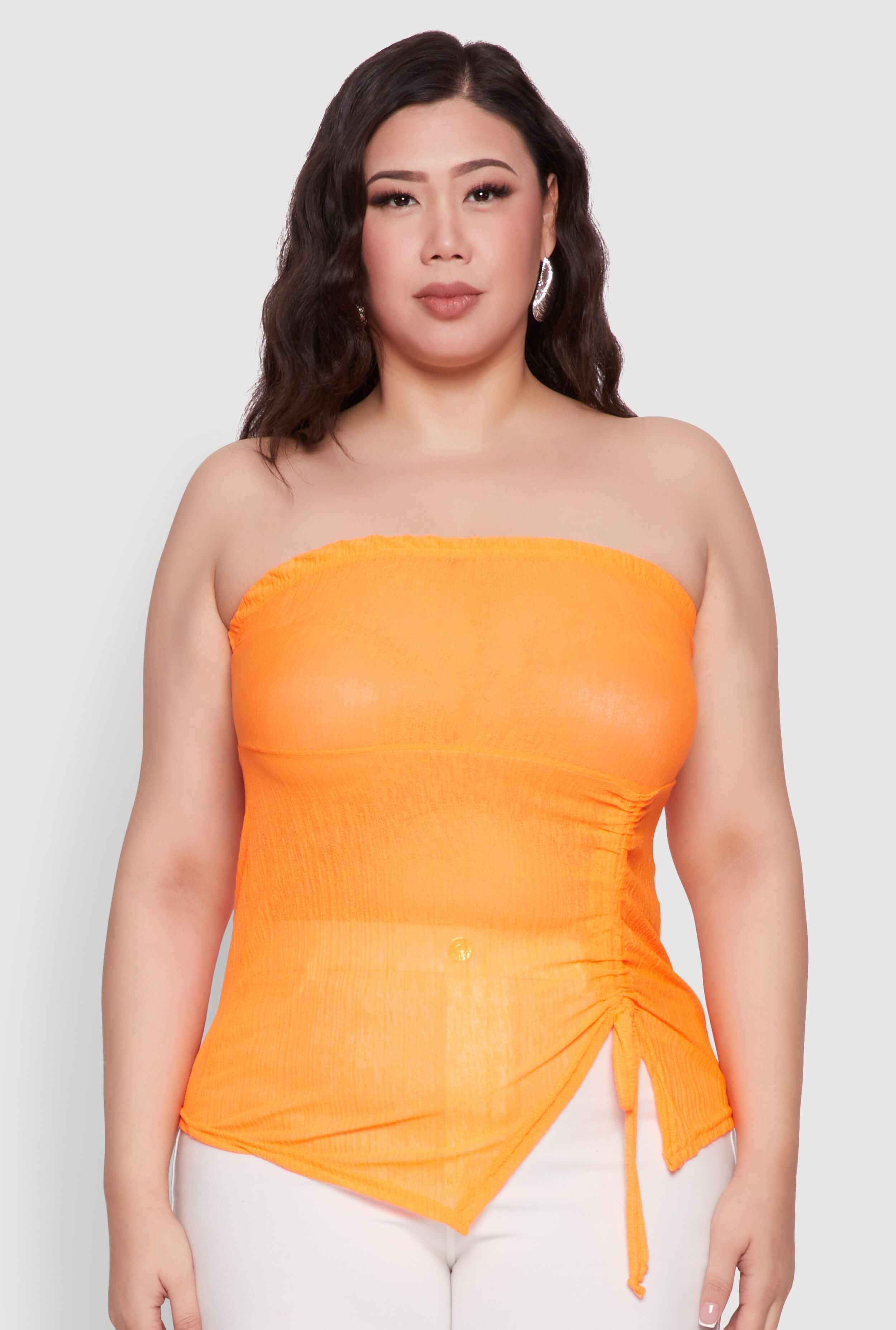 Plus Size Sheer Ruched Drawstring Tube Top