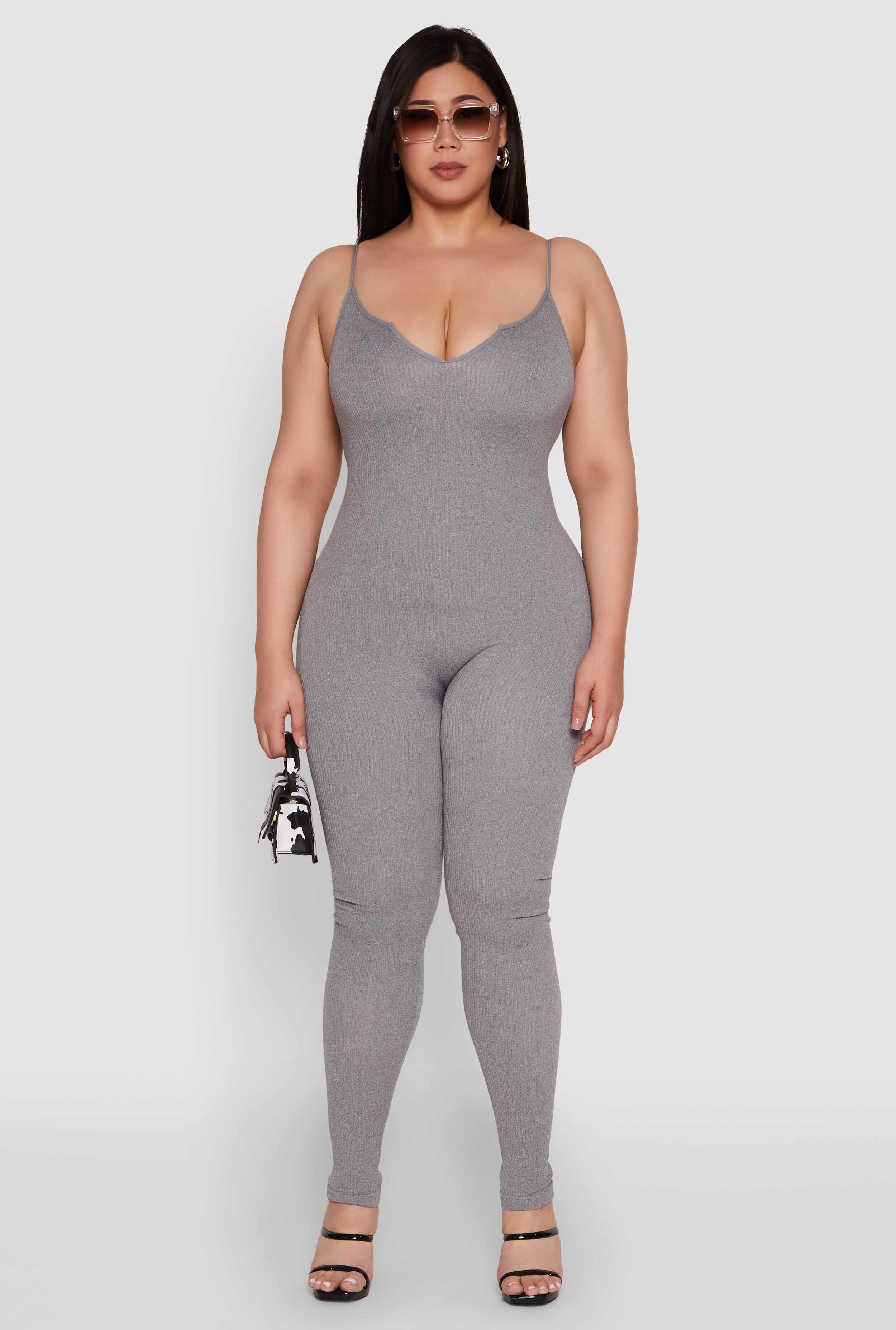 Plus Size Ribbed Knit Sleeveless Jumpsuit with Notch Neck
