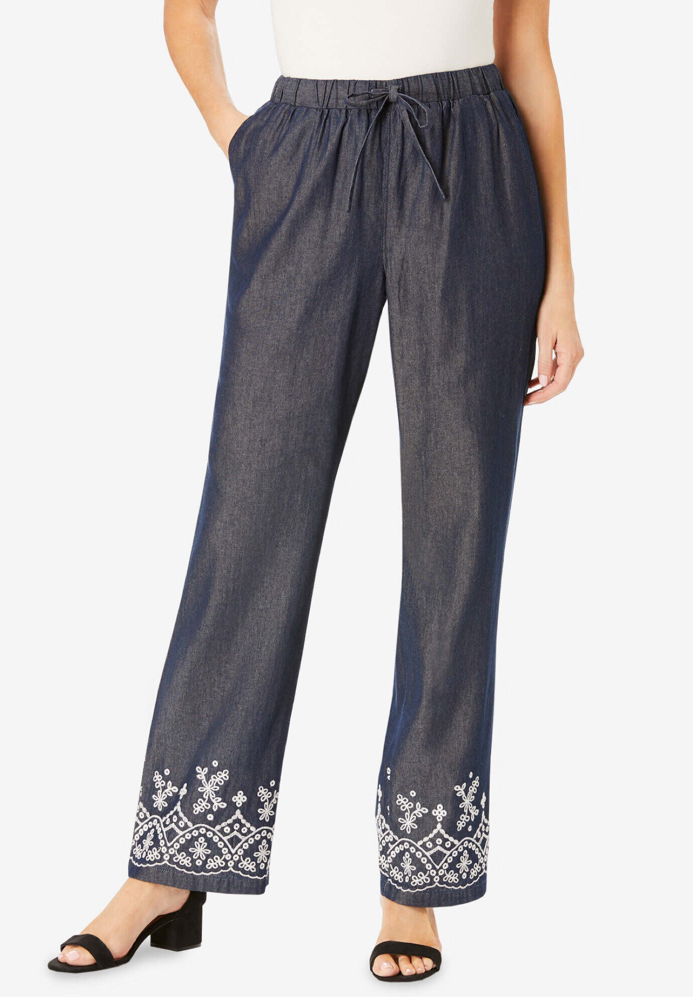 Drawstring Denim Wide-Leg Pant