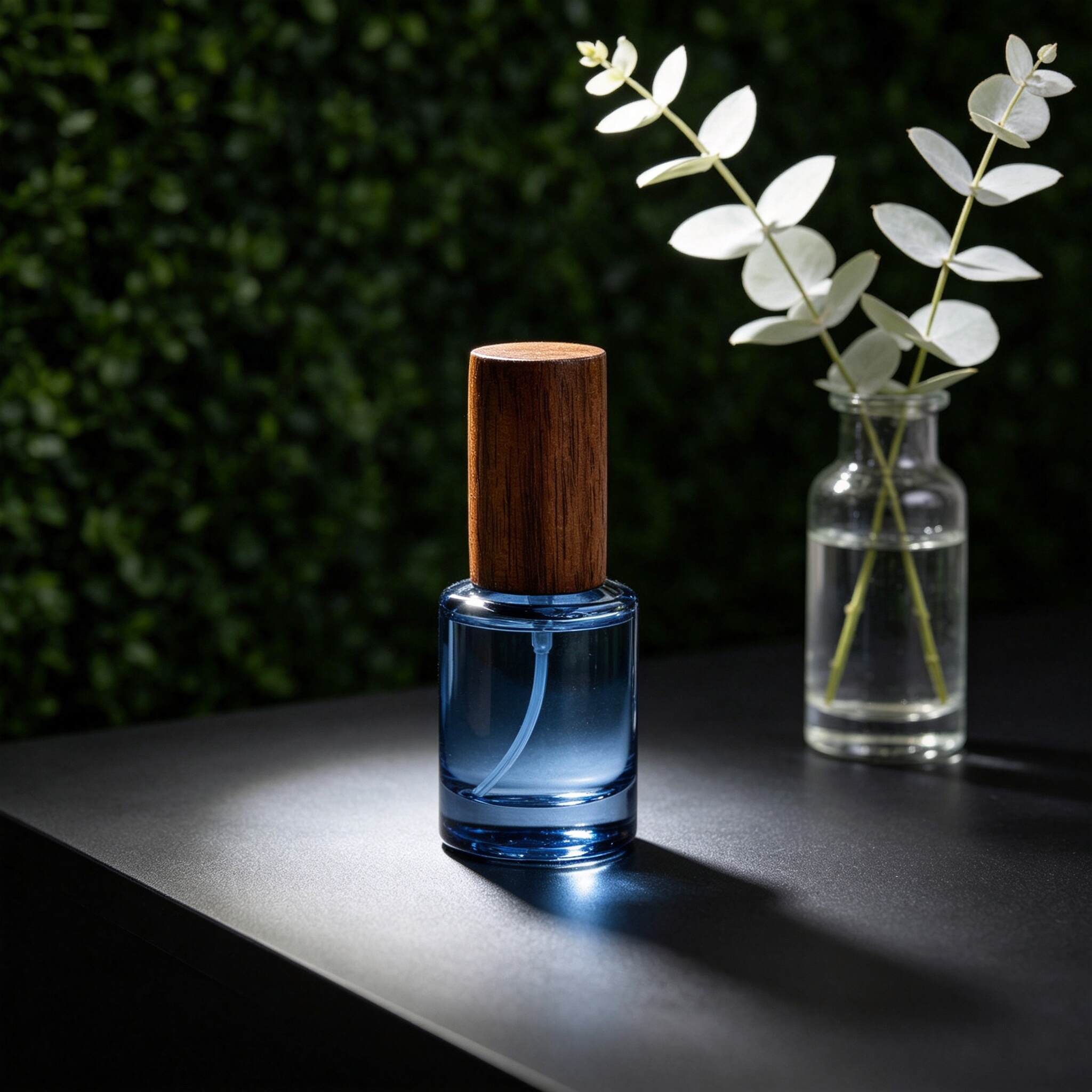 Slow Time Blue Glass Perfume Spray Bottle With Wooden Cap
