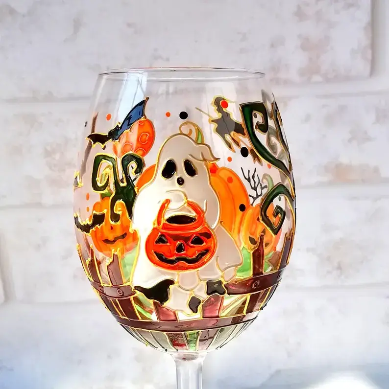 🎃 Hand-Painted Halloween Pumpkin & Ghost Crystal Wine Glass
