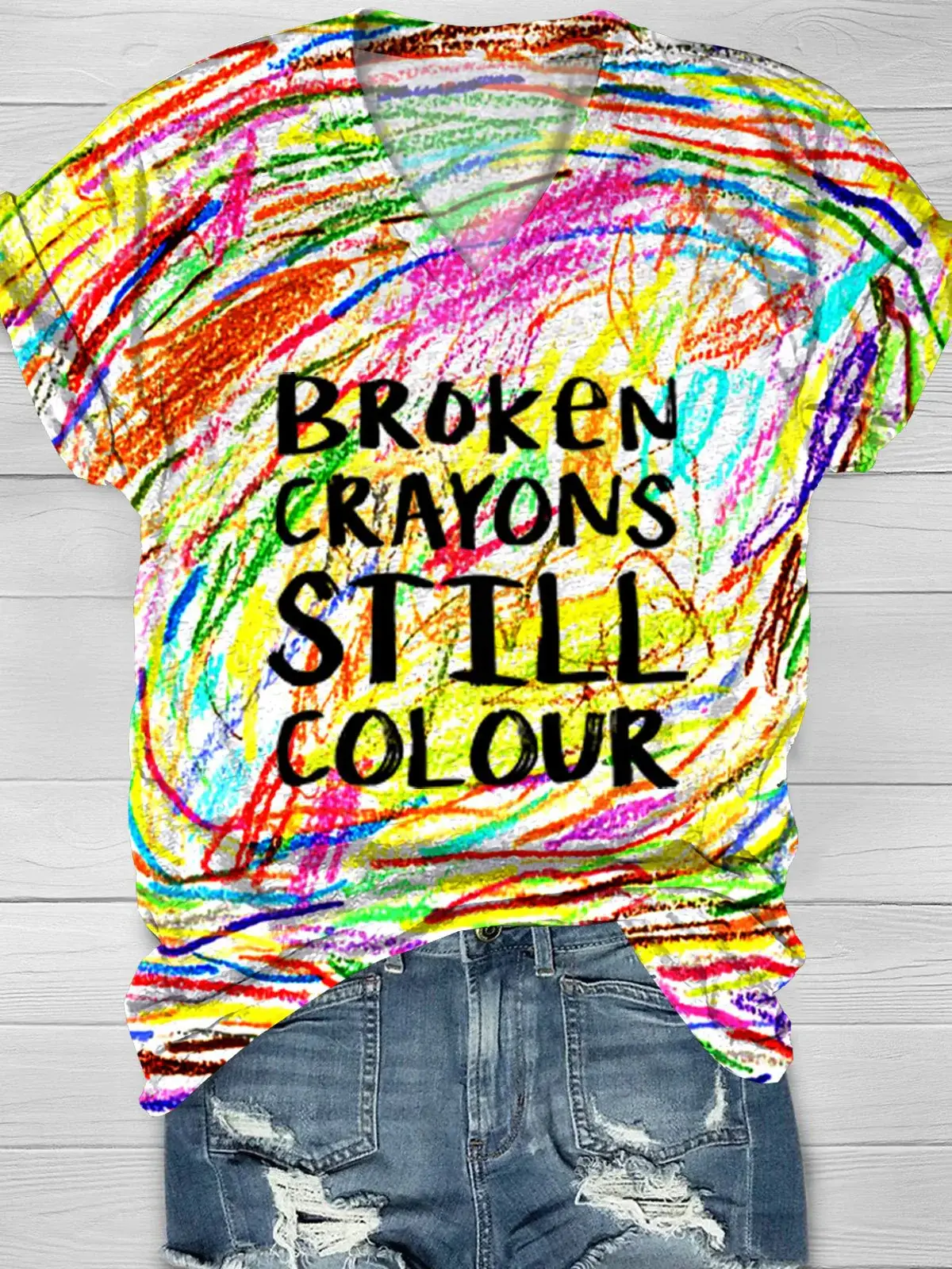 Broken Crayons Still Colour Mental Health Print Casual V-neck T-shirt