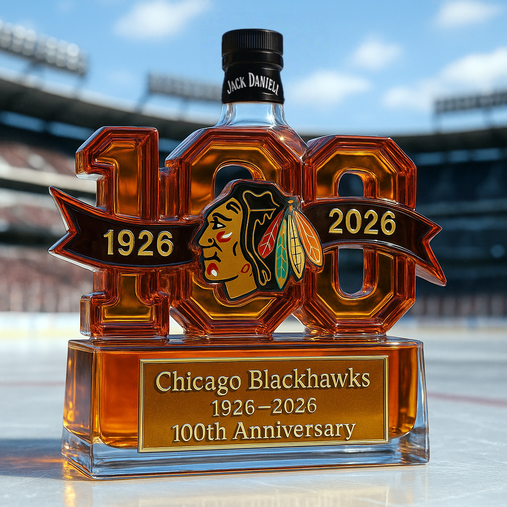 Chicago Blackhawks 100th Anniversary Whiskey Bottle