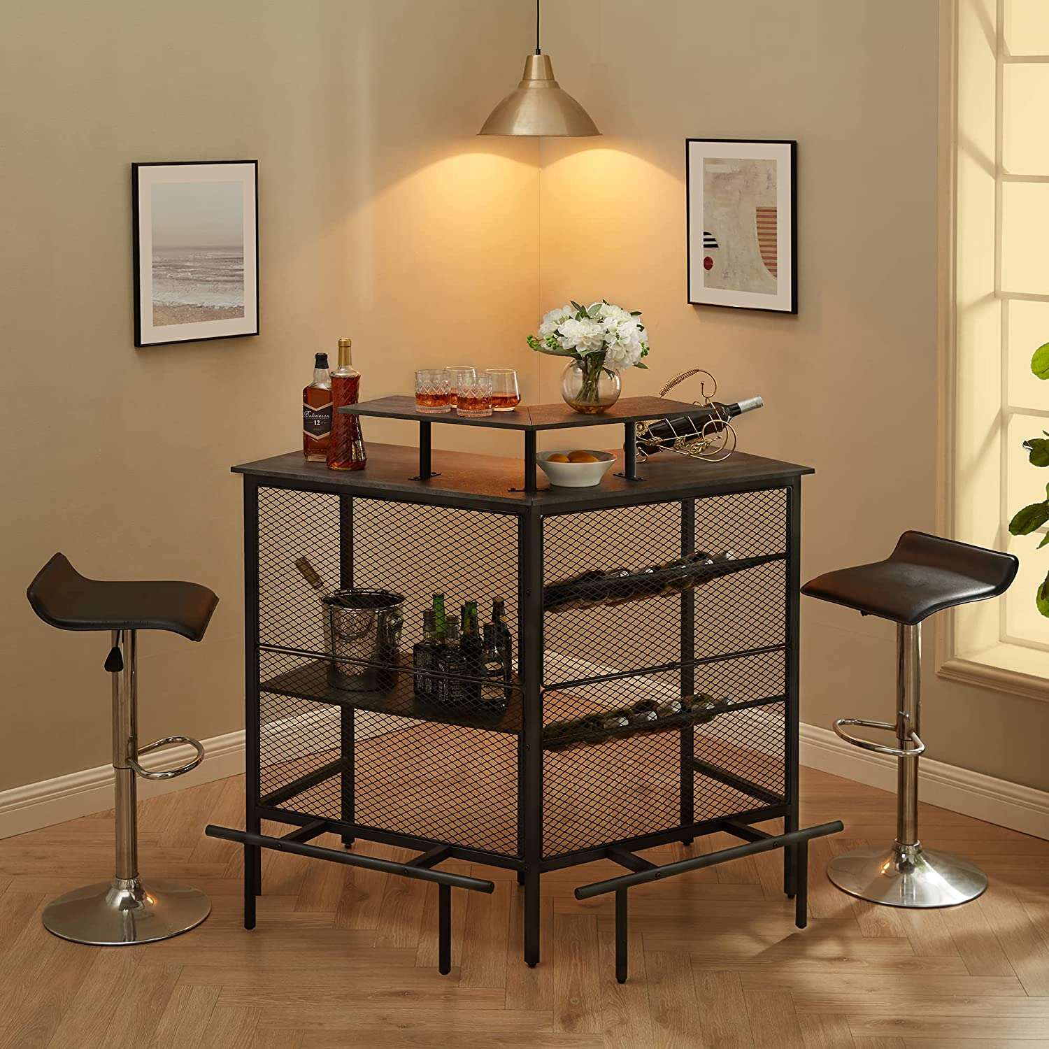 VECELO Bar Unit, 3 Tier Liquor Cabinet with Metal Mesh Front