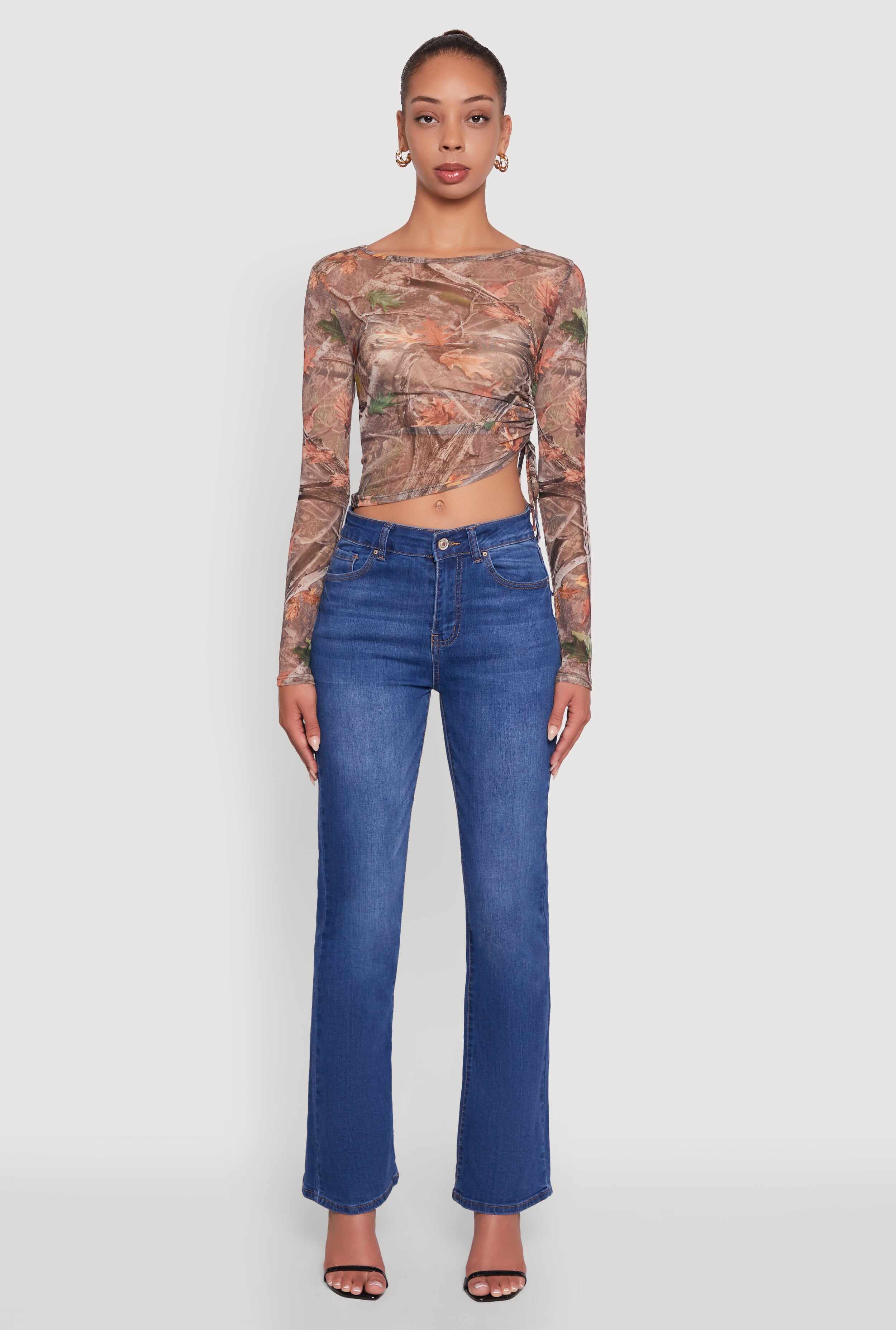 Mesh Forest Camo Ruched Side Long Sleeve Crop Top