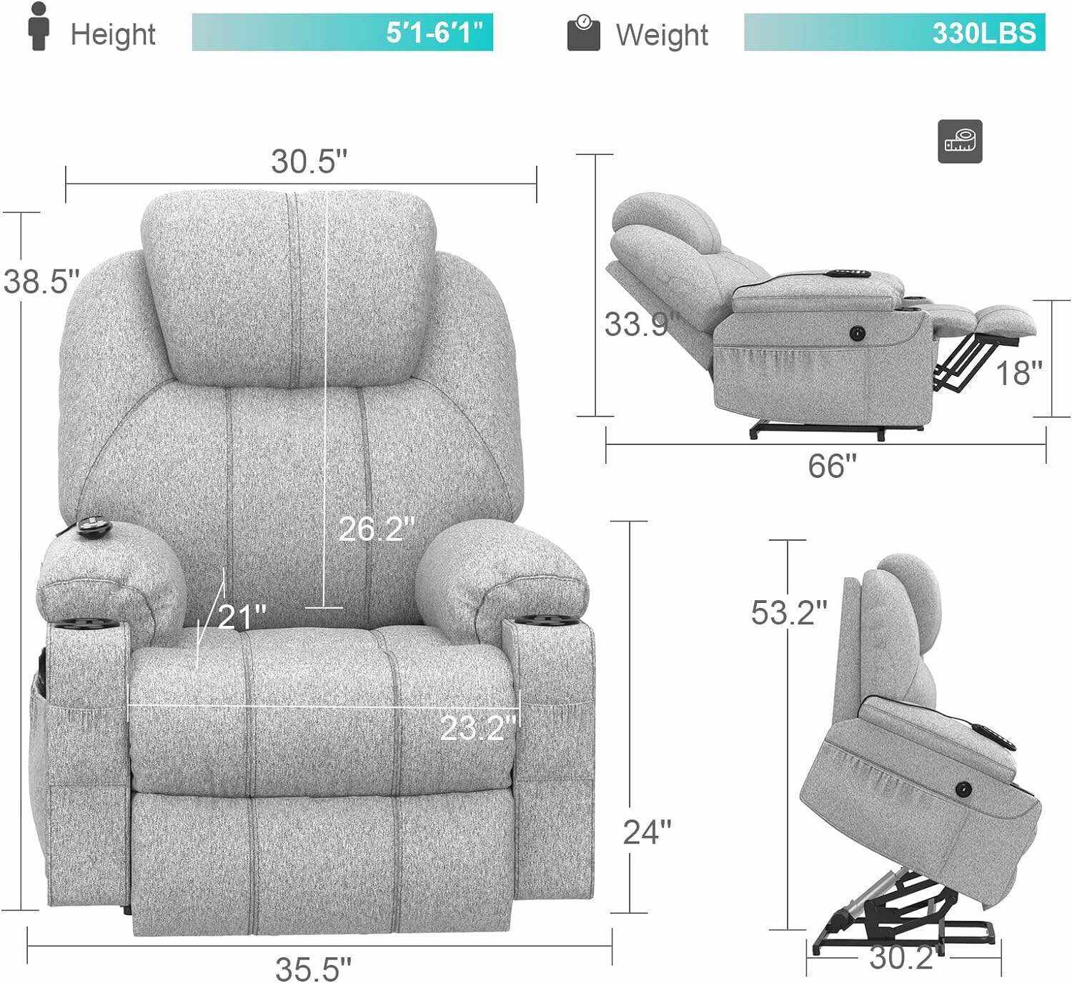 YONISEE Lar2ge Lift Chairs Recliner for Elderly - Power Fabric Lift Chair Modern with Massage and Heat, Extended Footrest, 3 Positions, 2 Side Pockets, and Cup Holders, USB Ports, Coffee Color
