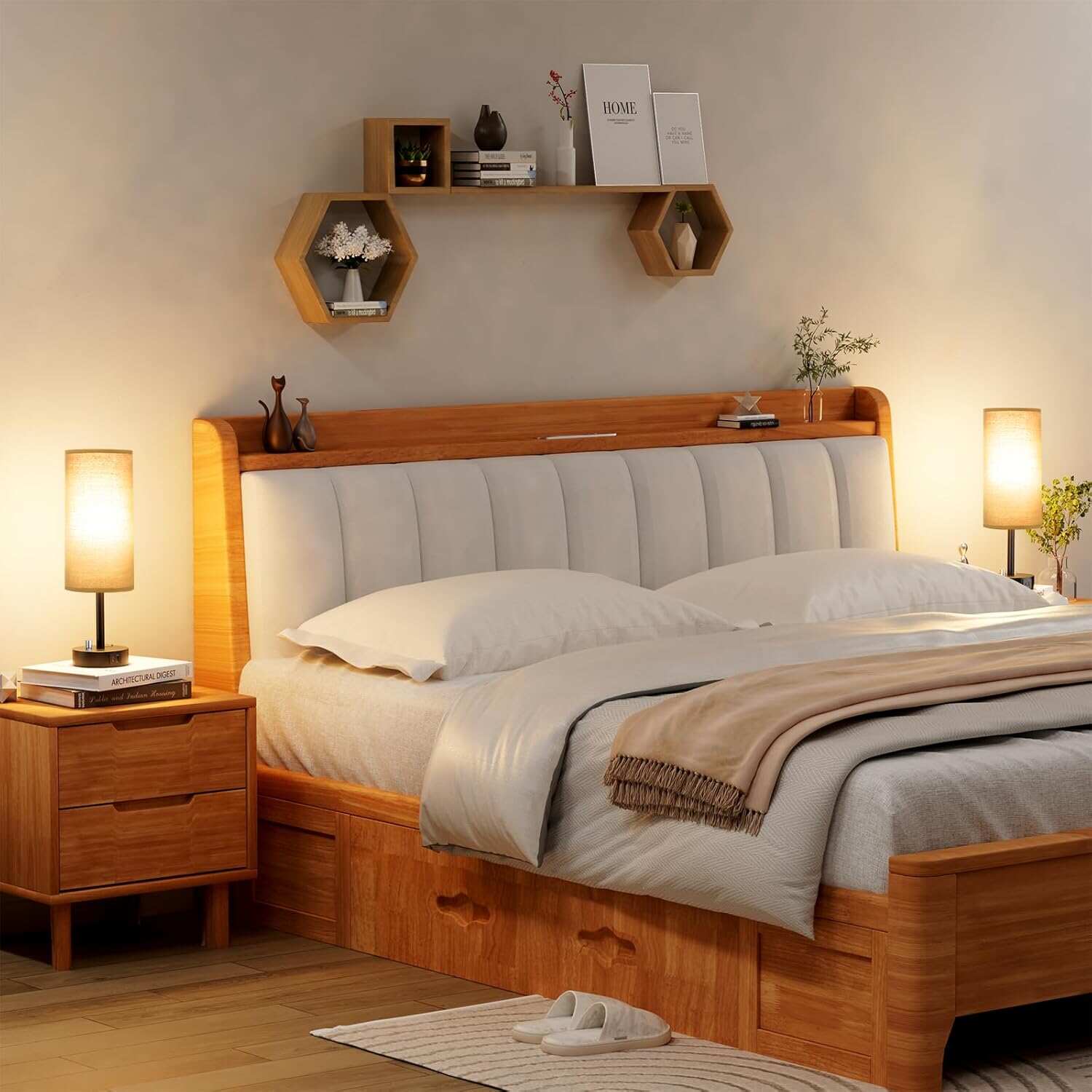 Bedside Table Lamp for Bedroom - 3 Way Dimmable Touch Lamp USB C Charging Ports and AC Outlet, Small Lamp Wood Base Round Flaxen Fabric Shade for Living Room, Desk, LED Bulb Included