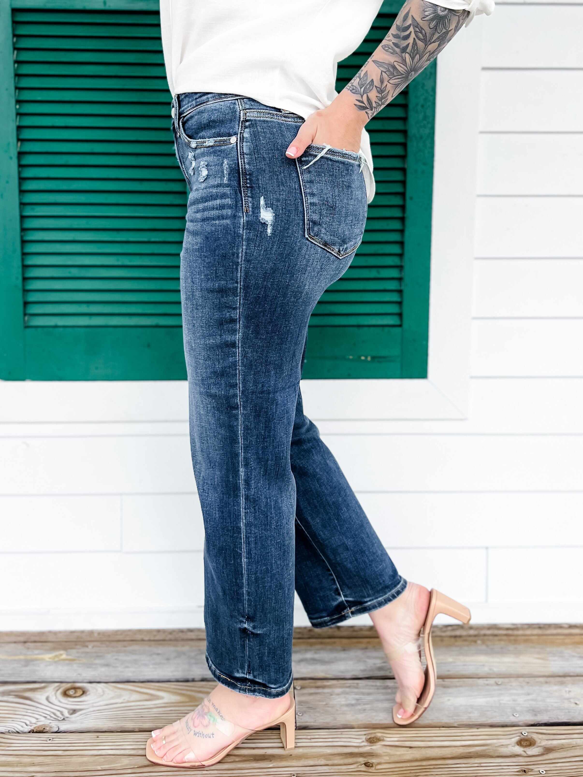 True Obsession Dark Wash Destroyed Pocket Wide Leg Jeans