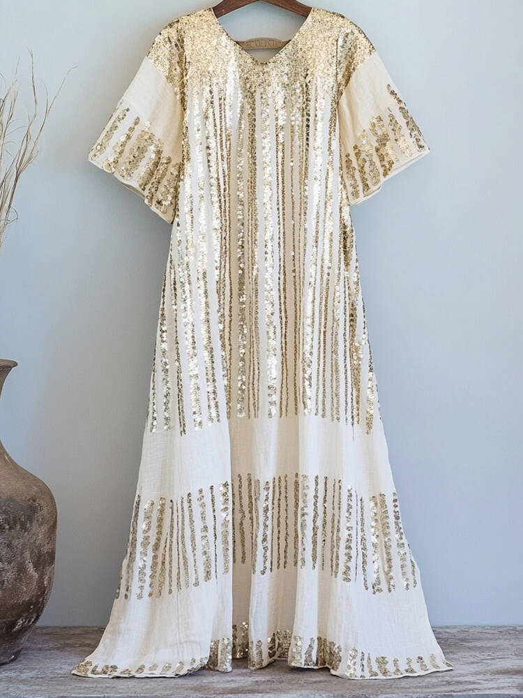 Women's Gold Sequin Striped Casual Linen Dress