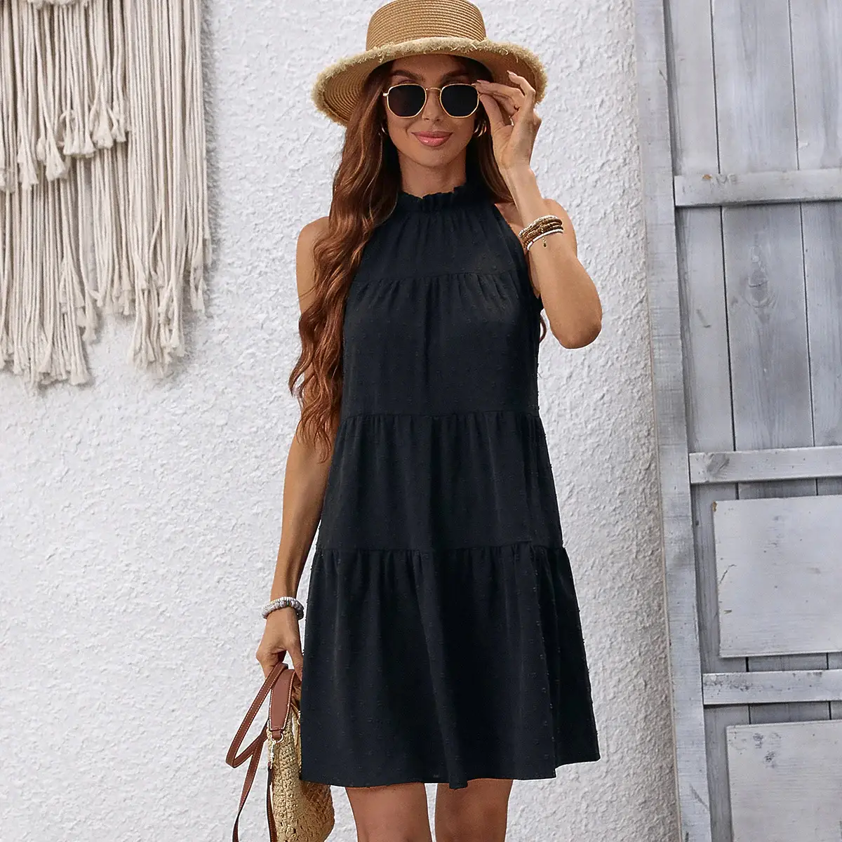 Fashion Solid Black Frill Ruffle Dress