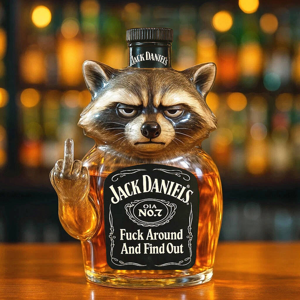 Swear raccoon whiskey bottle