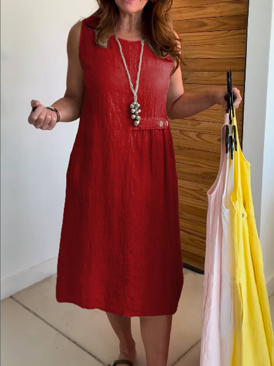 🔥Summer Arrivals🌟Women's Round Neck Pocket Cotton and Linen Dress