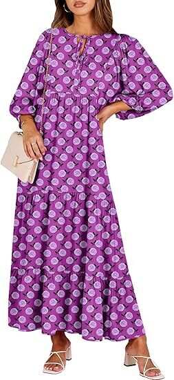 🔥2025 CRAZY DEAL🔥Summer V Neck Puff Sleeve Floral Flowy Swing Casual Long Dress