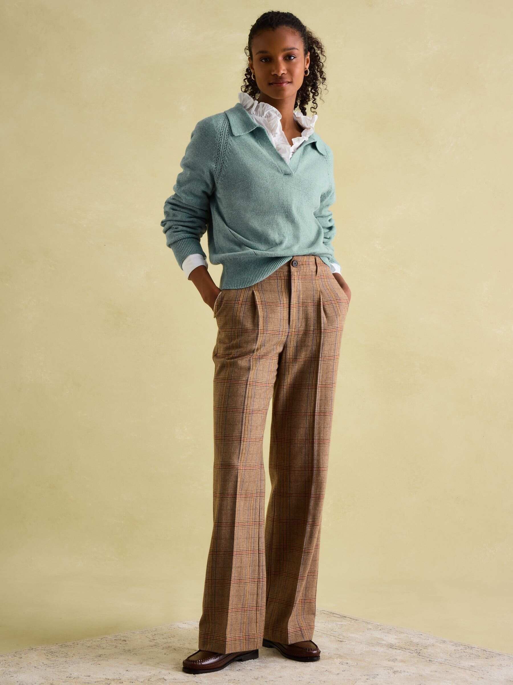 Foxley Check Brown Wide Leg Tweed Trousers