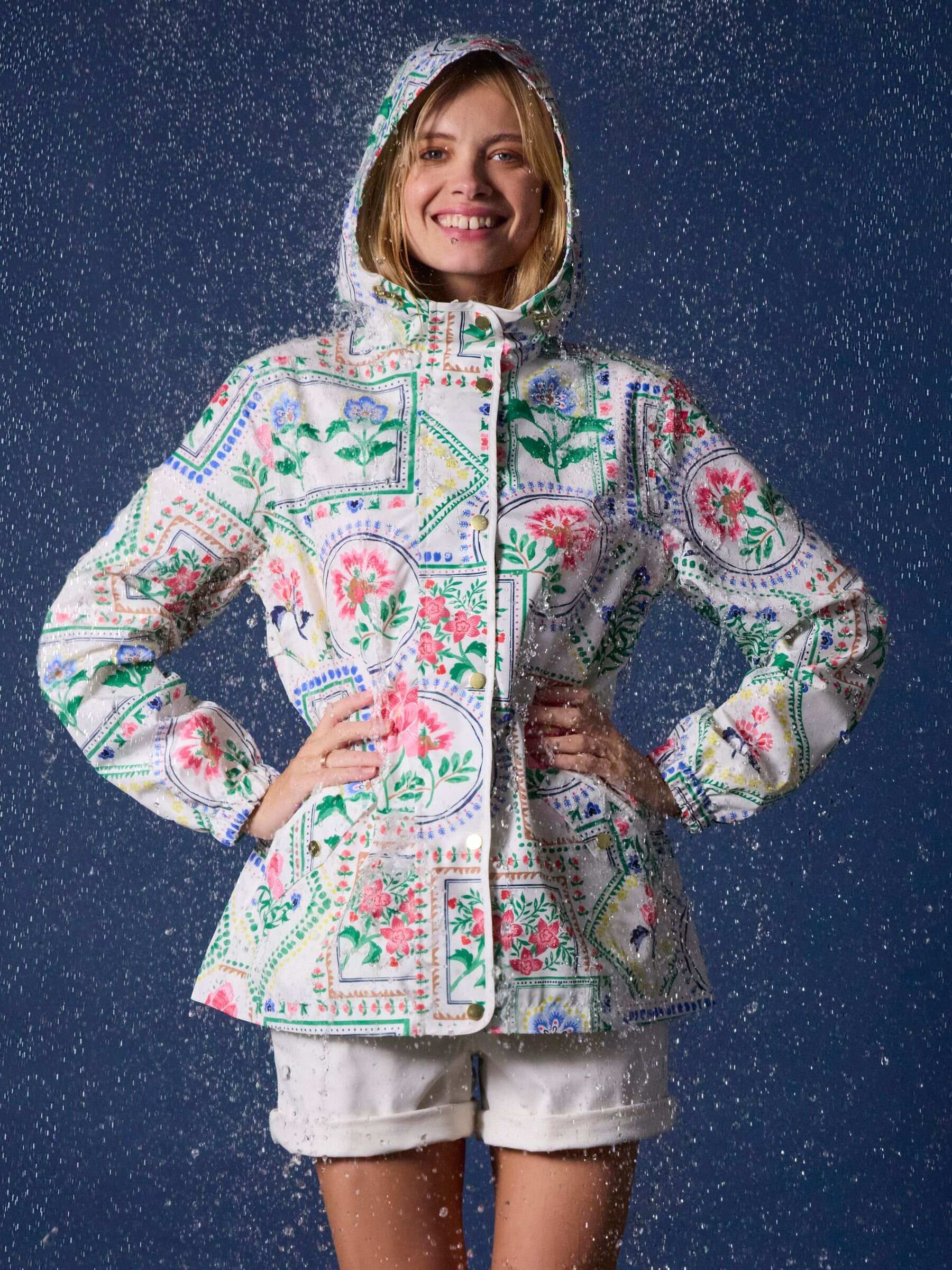 Holt Cream Tile Print Waterproof Packable Raincoat with Hood