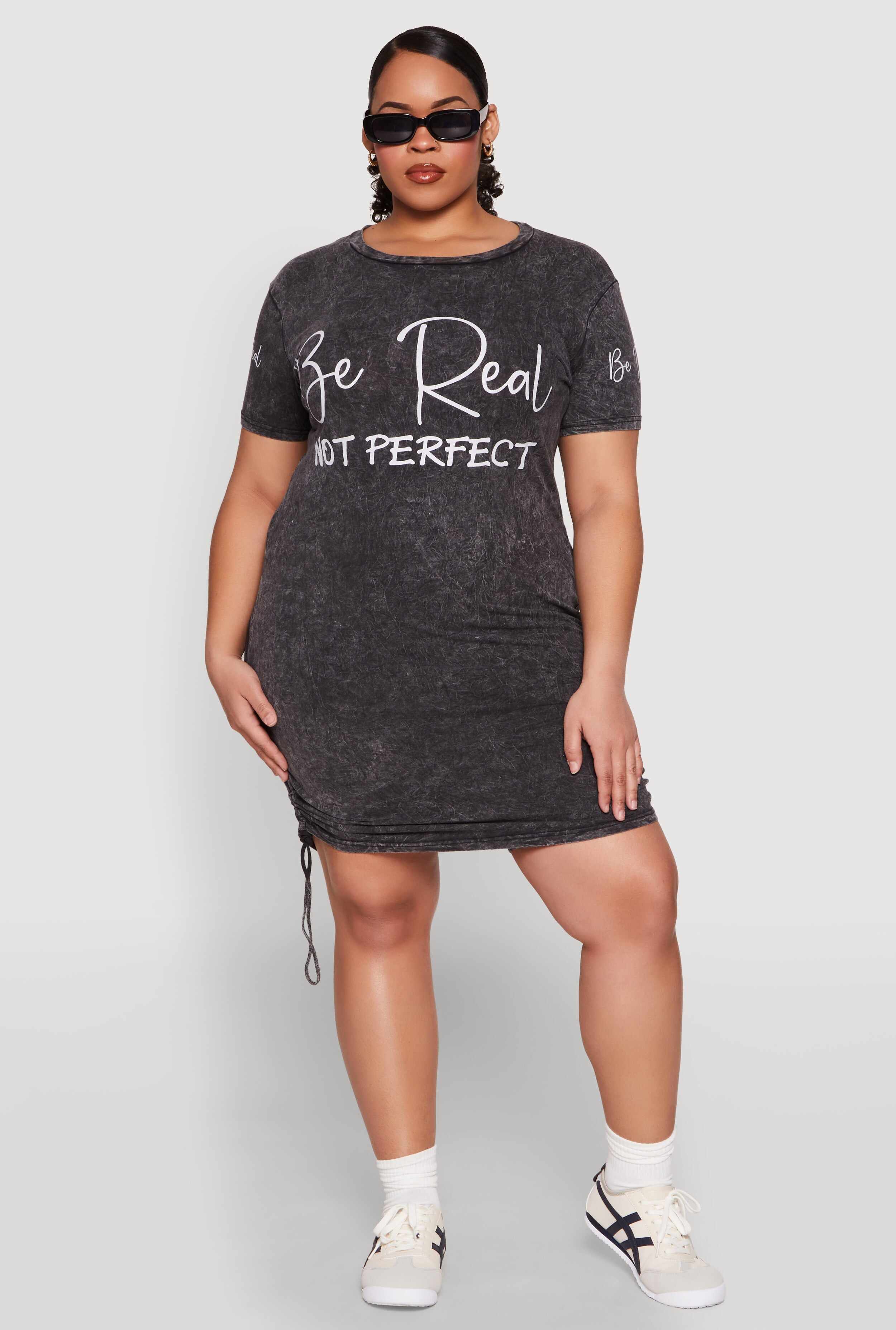 Plus Size Be Real Not Perfect Ruched T Shirt Dress