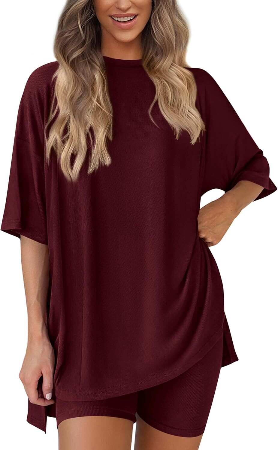 🔥Flash sale🔥Women's Two Piece Lounge Set 2026 Summer Casual Oversized Shirts  Biker Shorts Matching Airport Travel Outfit
