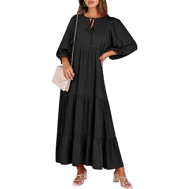 🔥2025 CRAZY DEAL🔥Summer V Neck Puff Sleeve Floral Flowy Swing Casual Long Dress