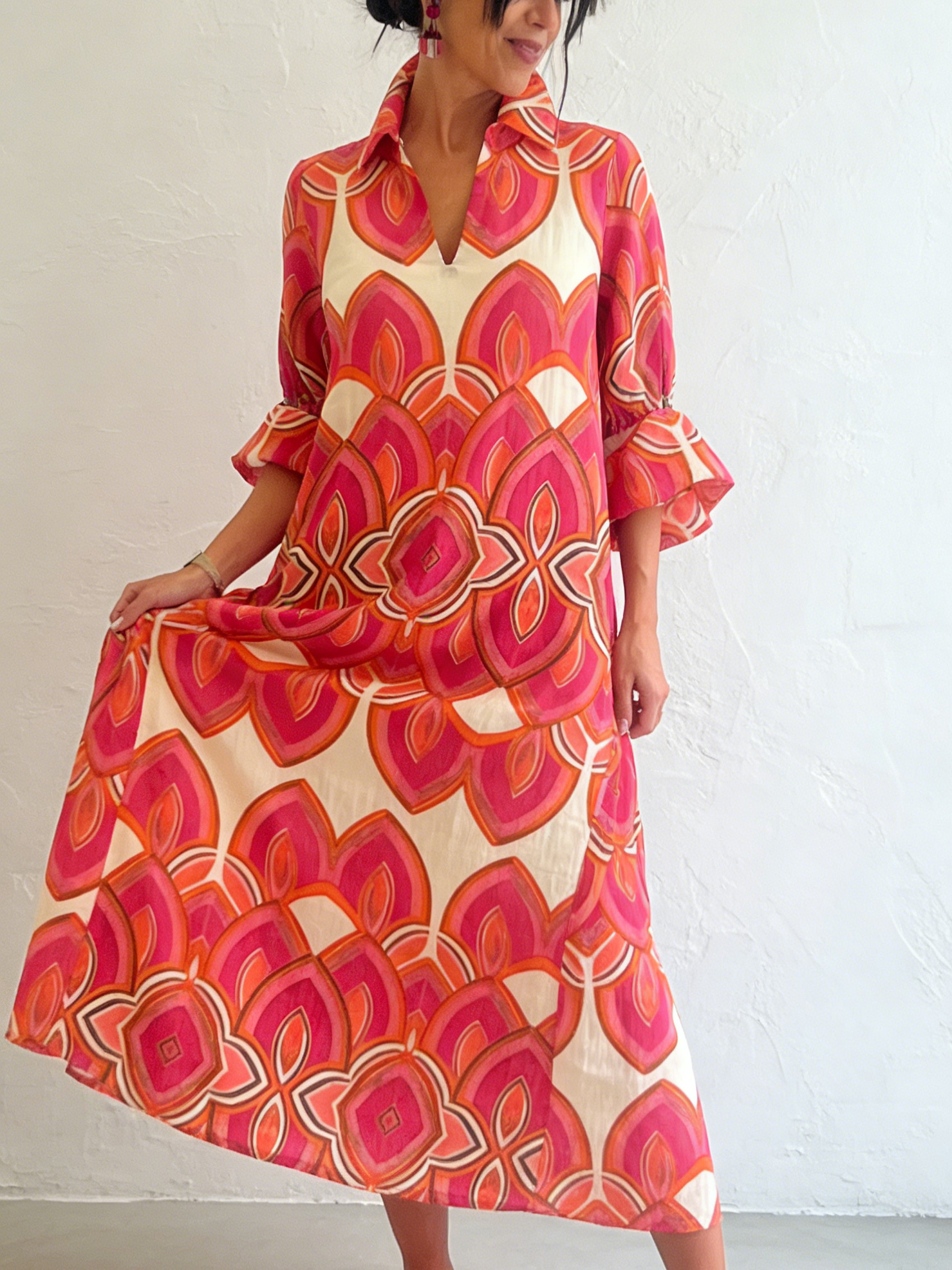 🔥Summer Arrivals🌟Retro Stand-up Collar Floral Print Loose Linen Cotton Dress