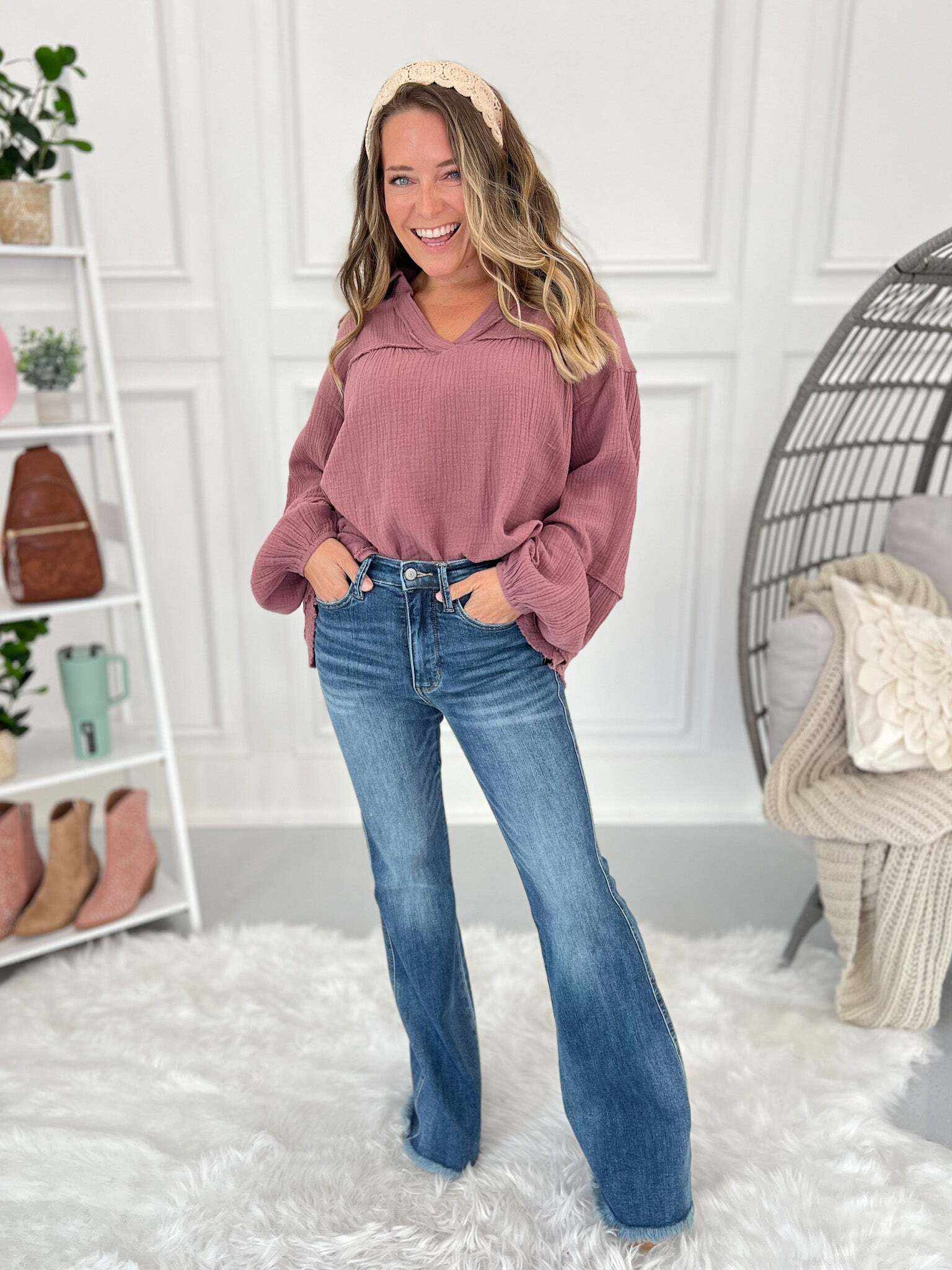 Christmas Tummy Control Fray Hem Flare Jeans- Final Sale