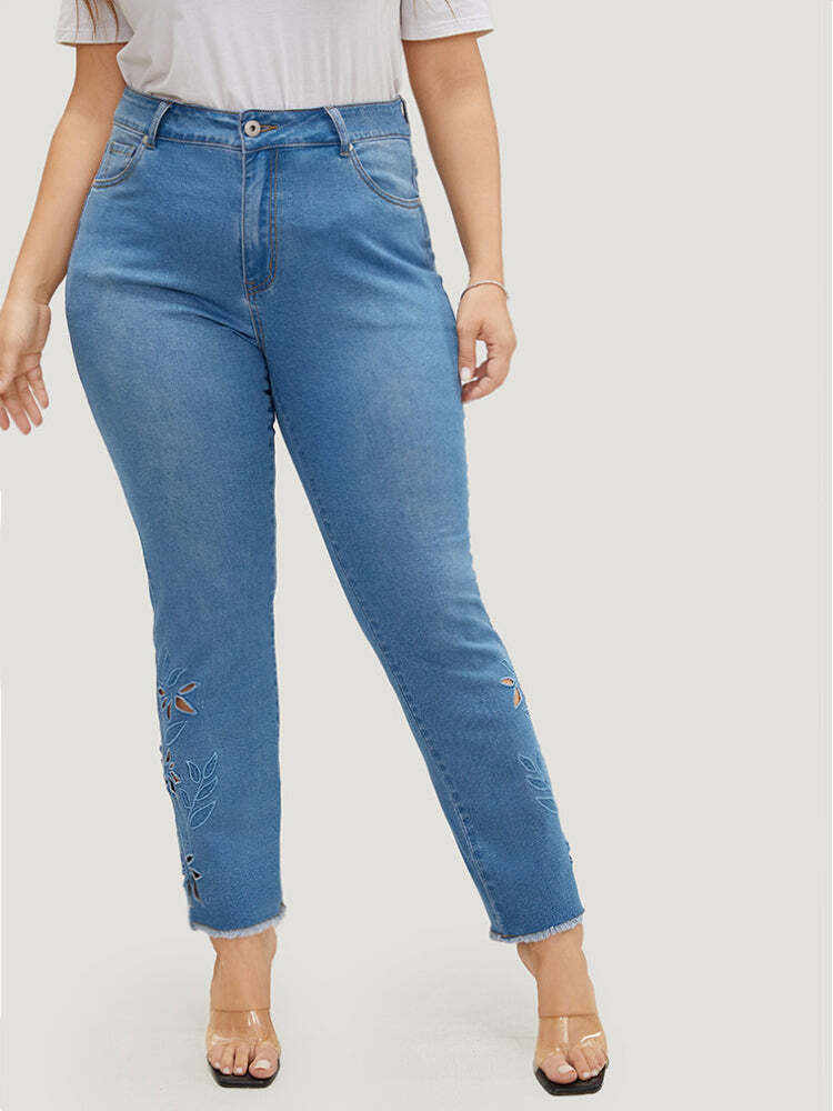 Very Stretchy High Rise Medium Wash Broderie Anglaise Jeans