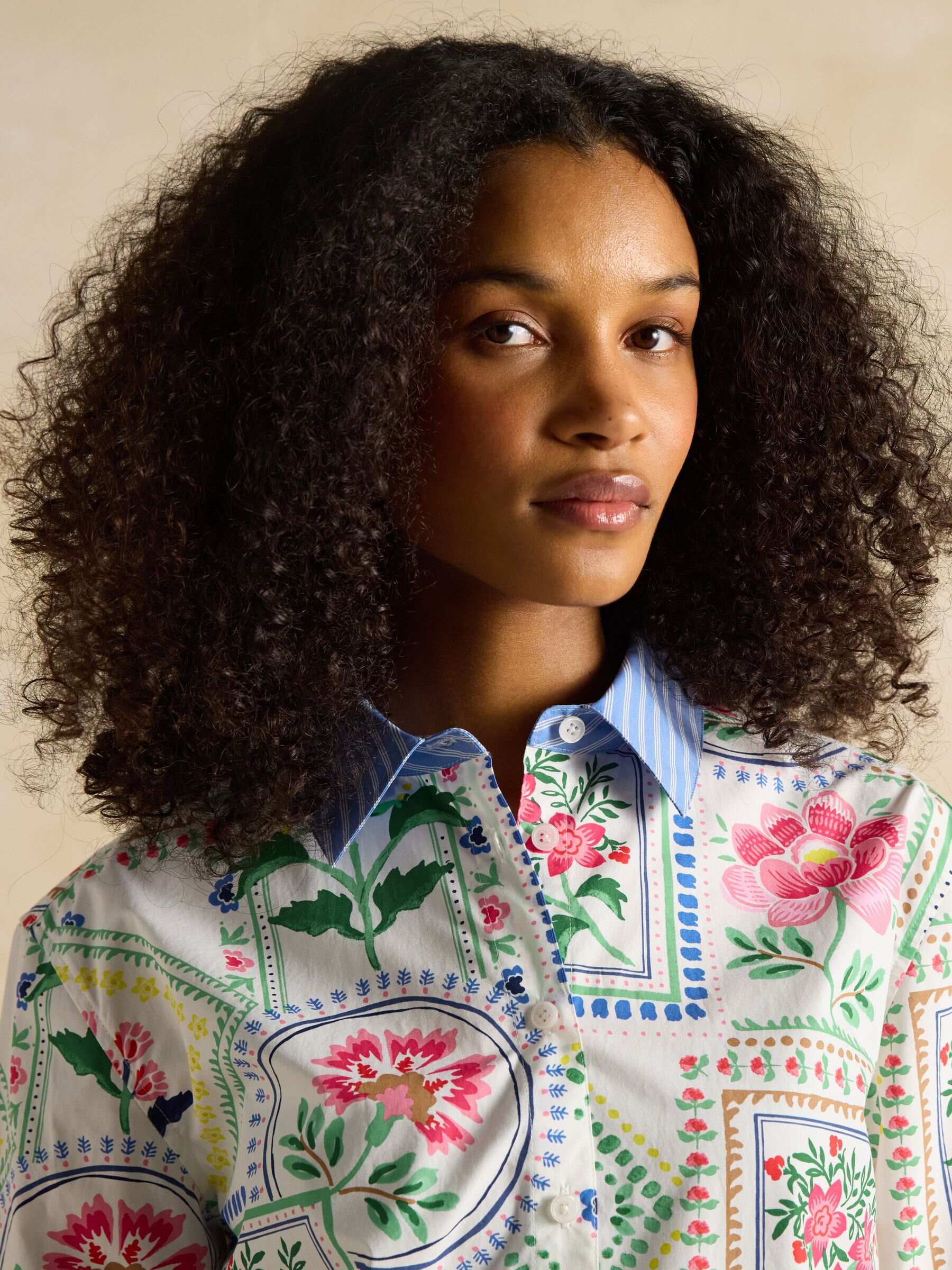 Amilla Cream Tile Print Longline Relaxed Fit Shirt