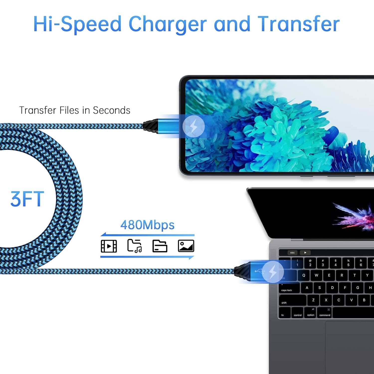 Android Auto USB C Cable Type C Charger USB Data Transfer Cable Fast Charging