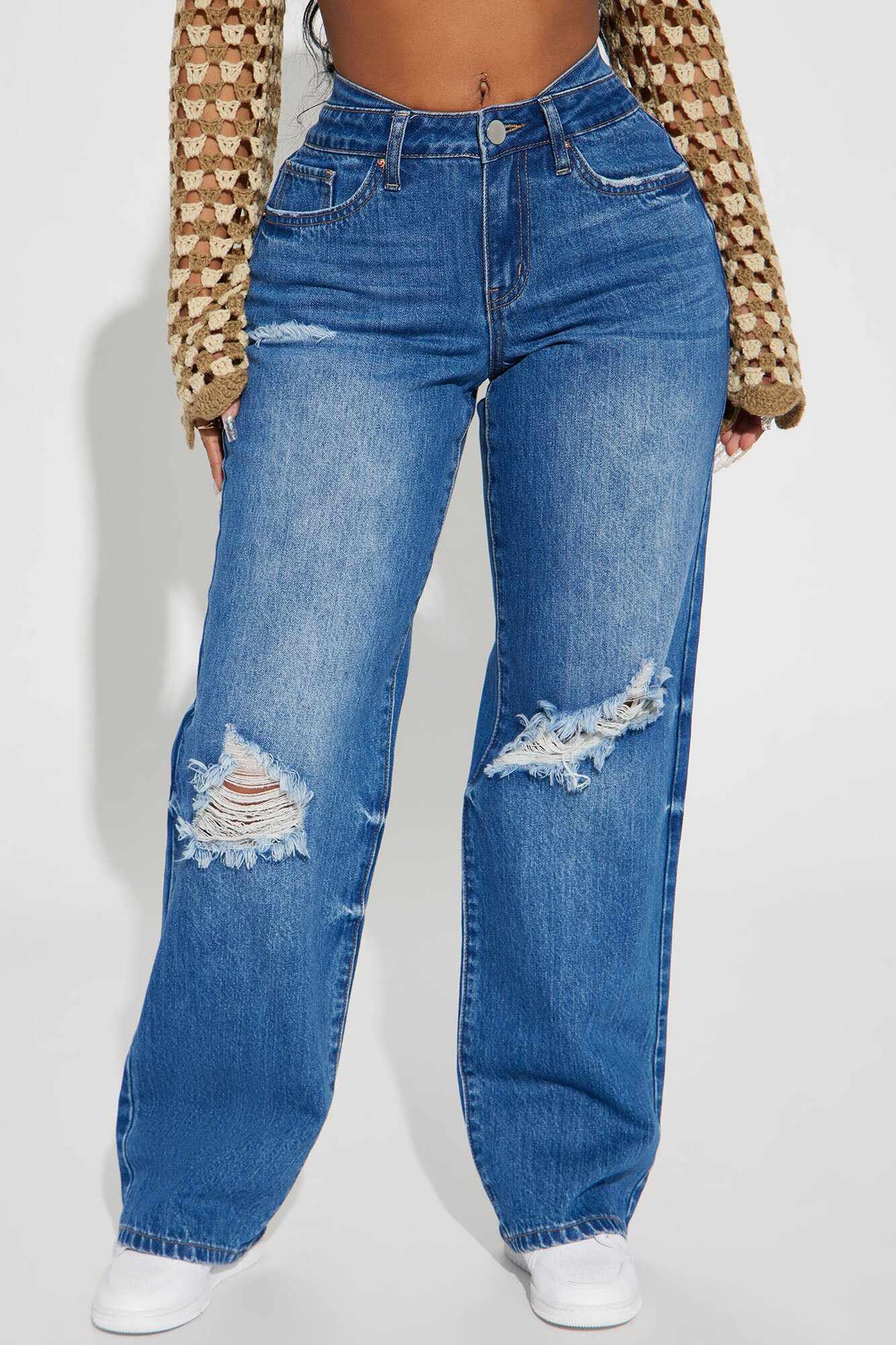 Danger Zone Baggy Ripped Straight Leg Jeans - Medium Wash