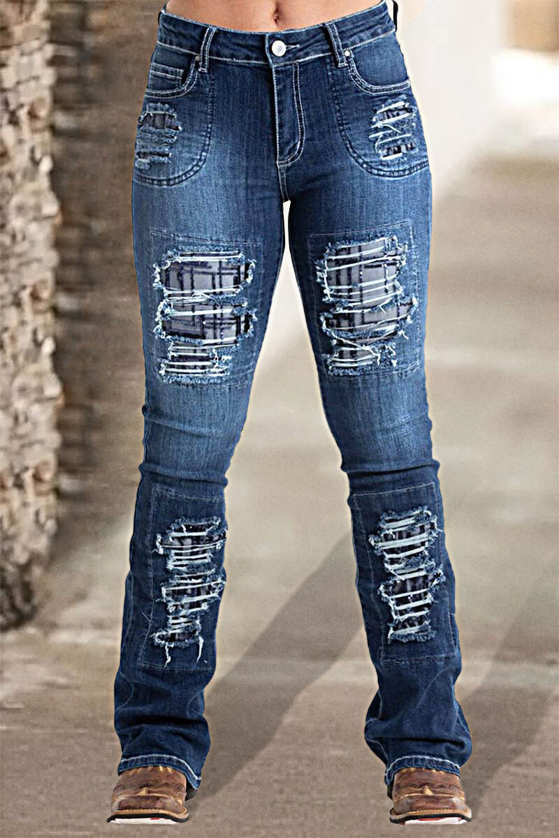 Vintage Stripe Print Ripped Mid Waist Jeans