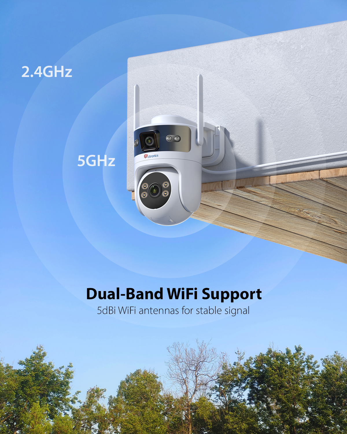 Ctronics Outdoor PoE WiFi Surveillance Camera, Dual-Lens, Dual-Band 5GHz/2.4GHz Wireless IP PTZ Camera with Human Detection