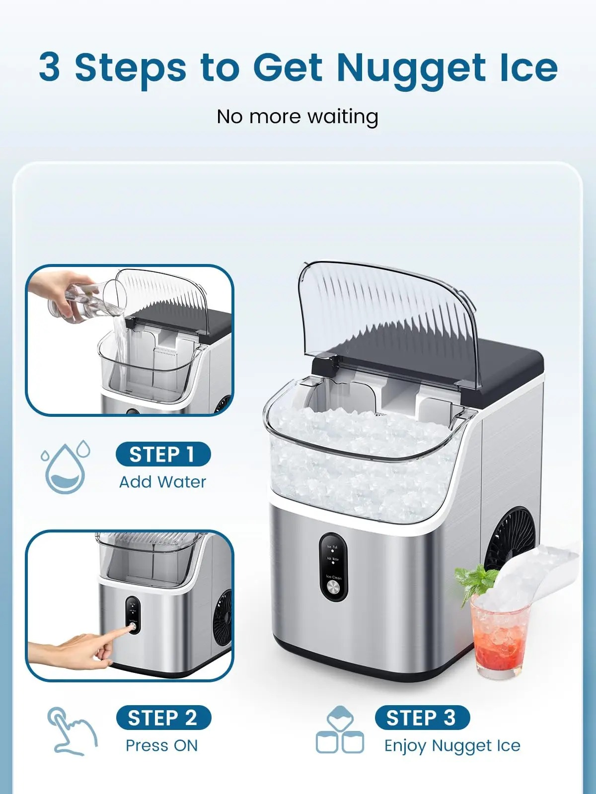 Ice Maker Countertop, Soft Chewable Nugget Ice Cubes Machine, One-Button Quick Ice Making 34Lbs/Day, Self-Cleaning, Portable Stainless Steel Ice Machine