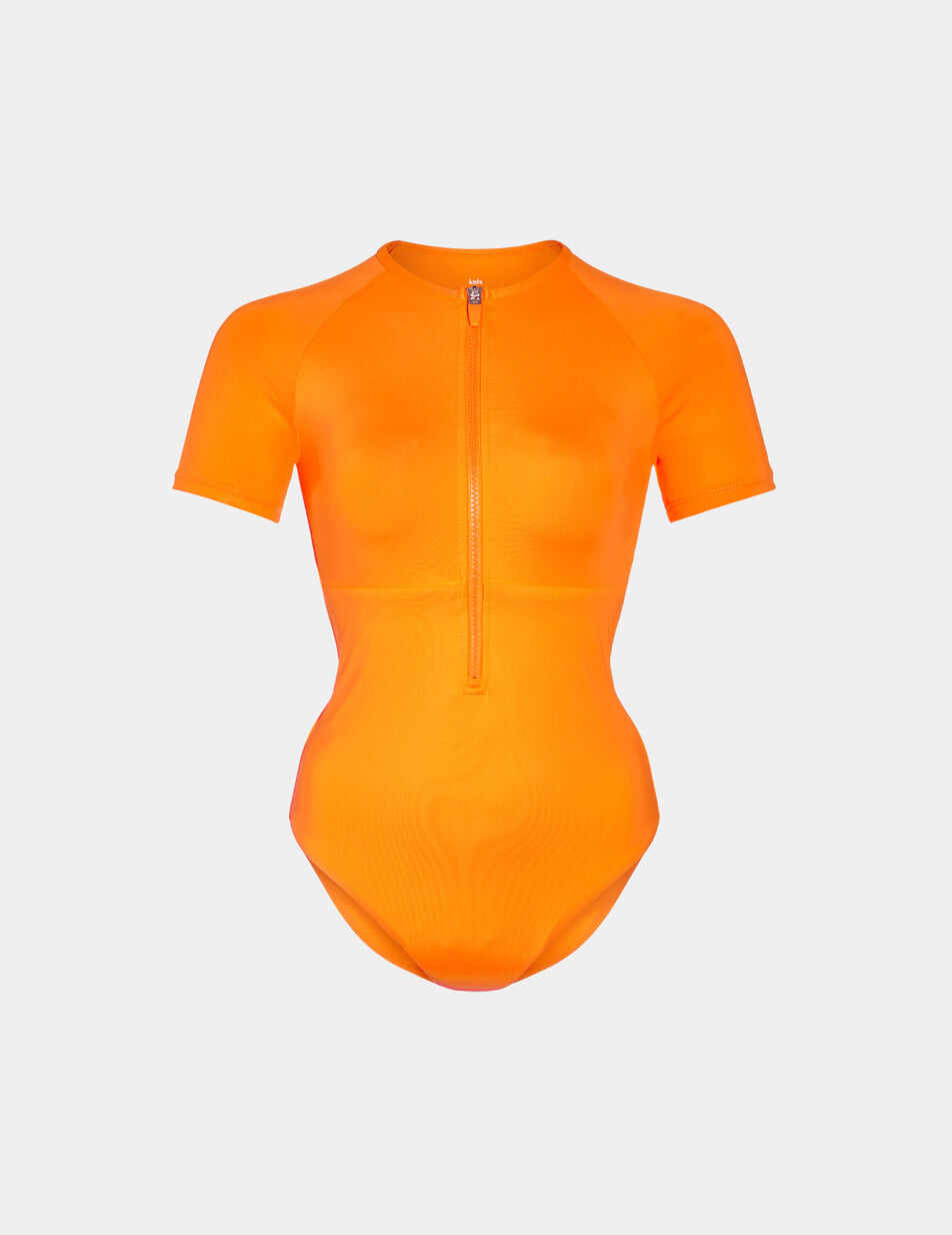 Short Sleeve Zip One Piece Swimsuit