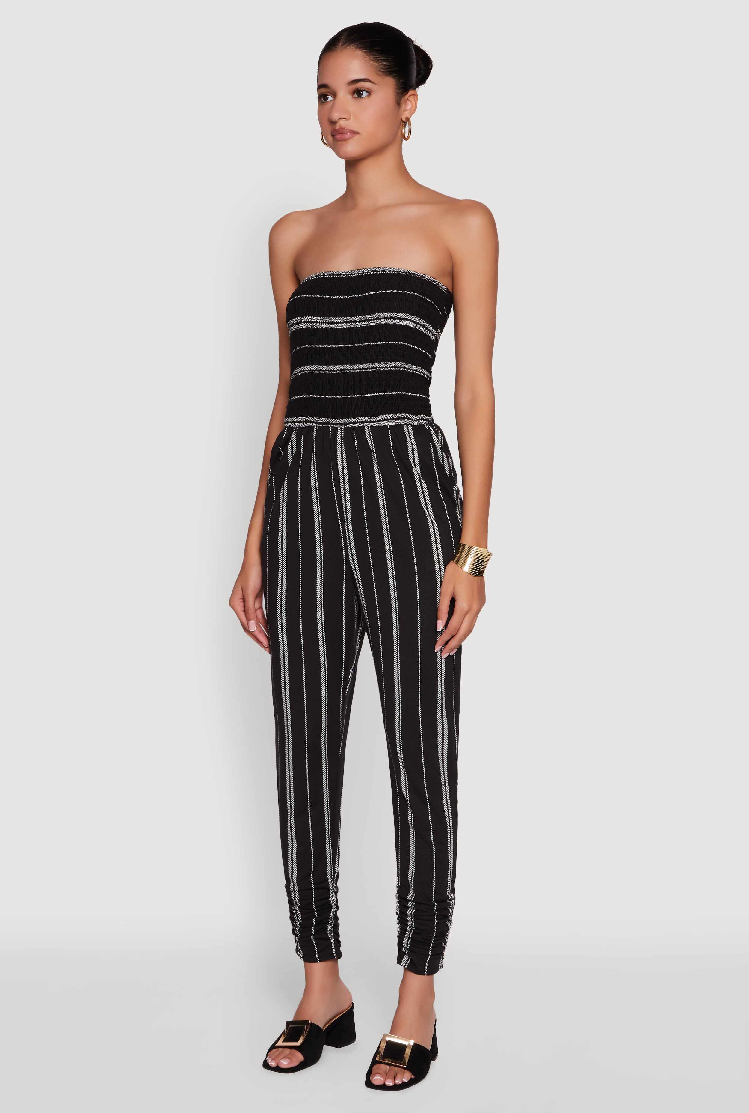 Smocked Strapless Stripe Jumpsuit with Pockets
