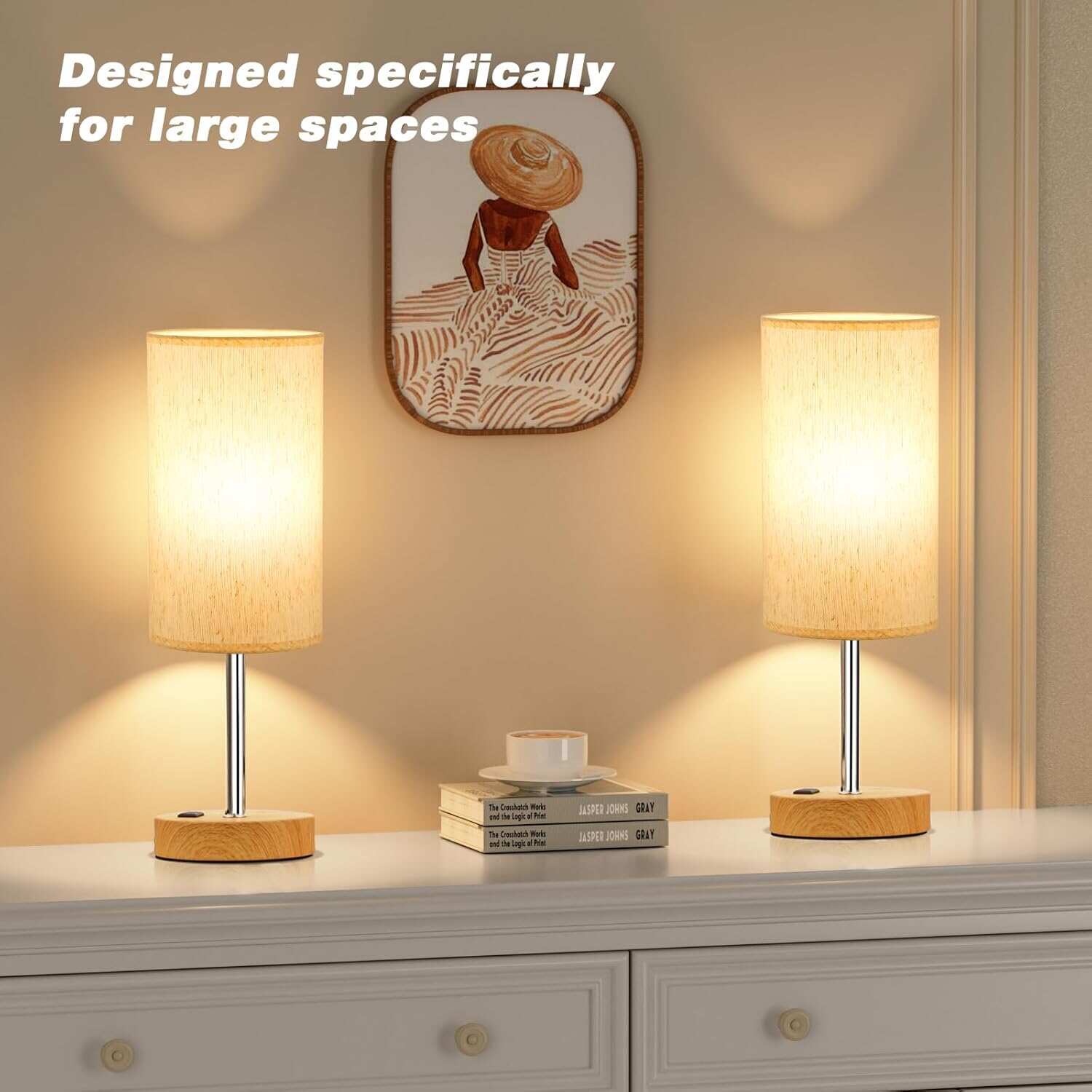 Bedside Table Lamp for Bedroom - 3 Way Dimmable Touch Lamp USB C Charging Ports and AC Outlet, Small Lamp Wood Base Round Flaxen Fabric Shade for Living Room, Desk, LED Bulb Included