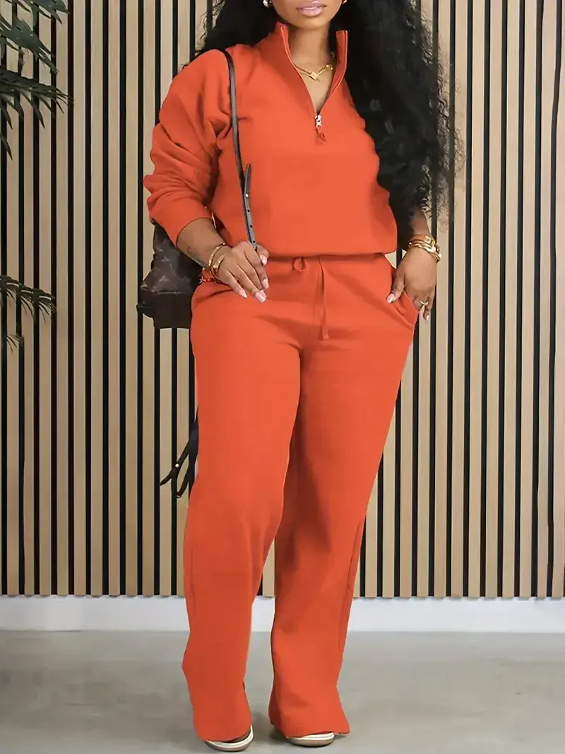 Women's Solid Half Placket Split Hem Pants Set