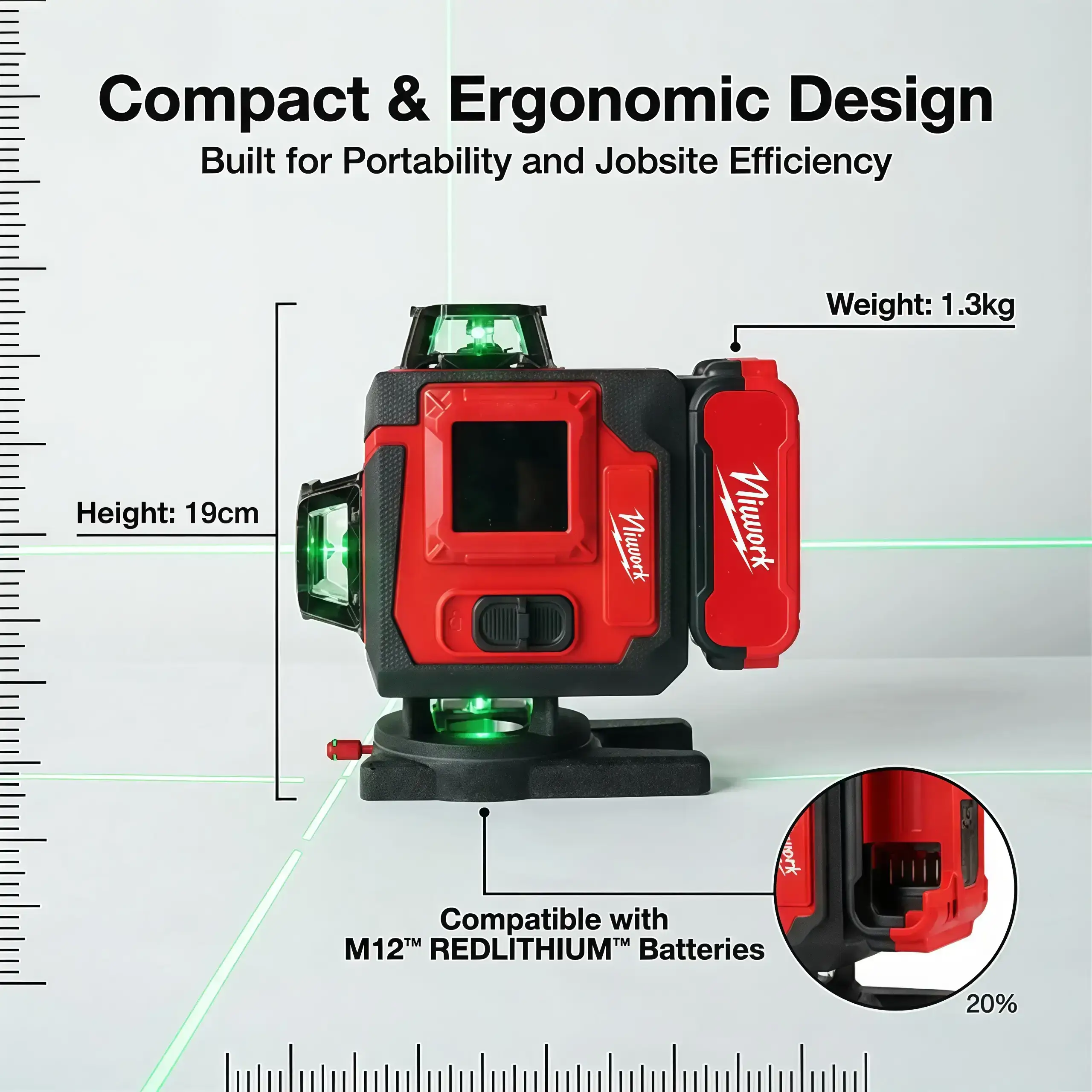 Outdoor Green Line Laser Level Horizontal & Vertical Lines Precise Automatic Calibration Level Tool Combo Kit for Construction Gardening with Handle